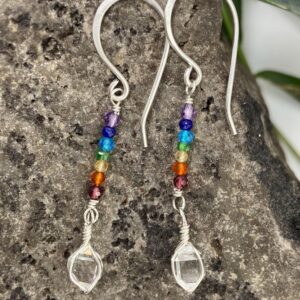 Rainbow Chakra Gemstone Earrings: Ny Herkimer Diamond Quartz Crystal, Sterling Silver Wire Wrap