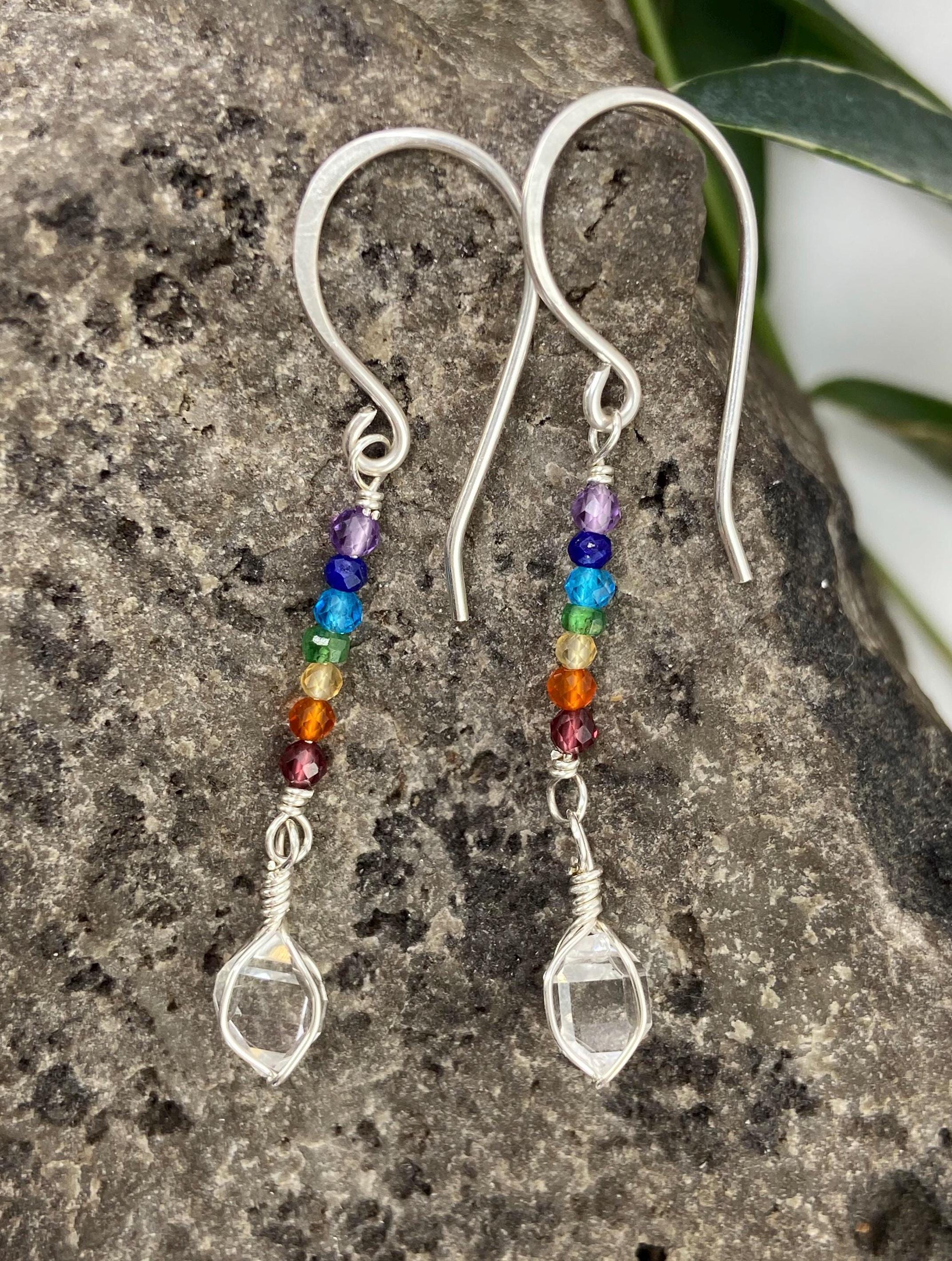 Rainbow Chakra Gemstone Earrings: Ny Herkimer Diamond Quartz Crystal, Sterling Silver Wire Wrap