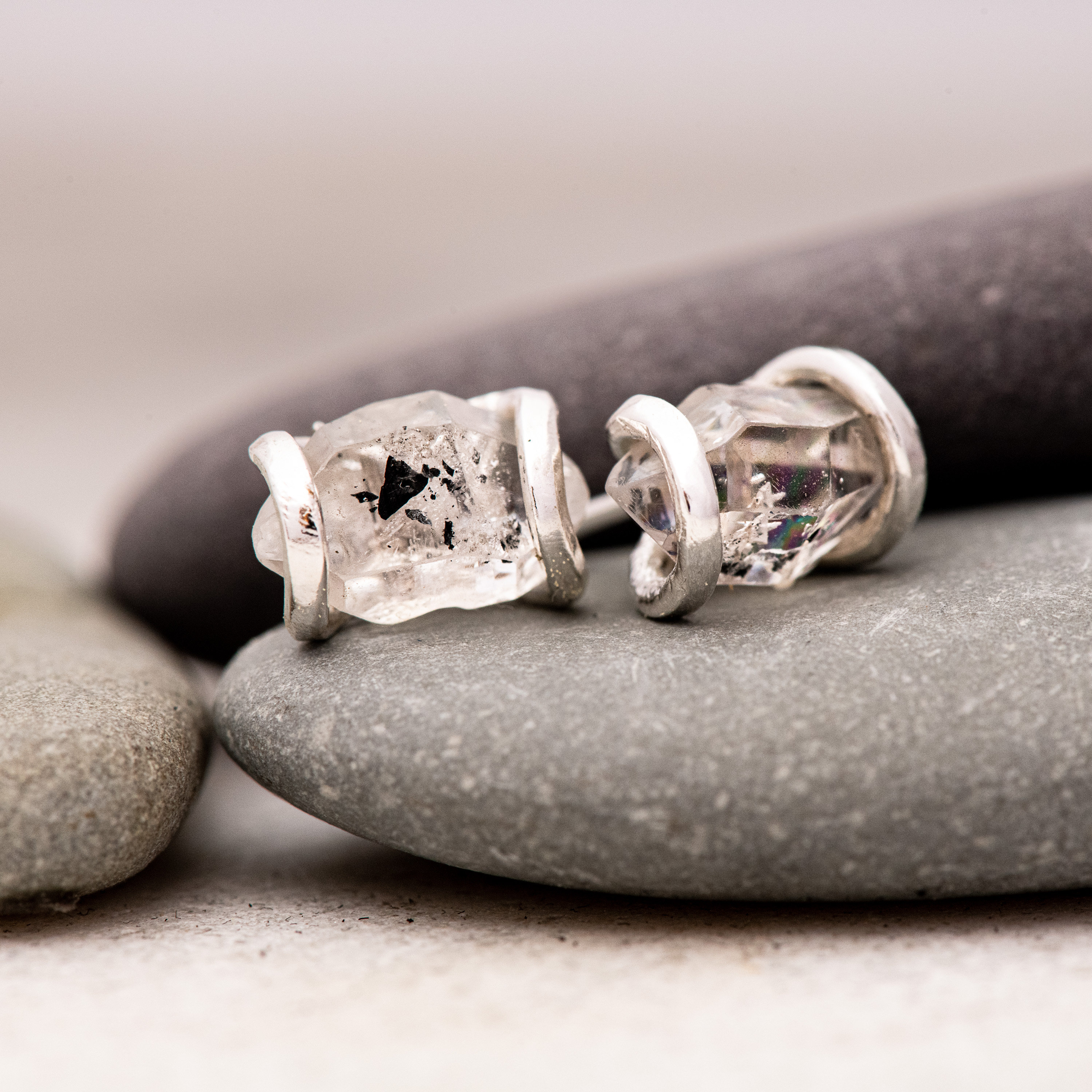 Raw Herkimer Diamond Stud Earrings • Natural Quartz Crystal 7-8 Mm • Recycled Sterling Silver • April Birthstone • Usa Handmade Gift