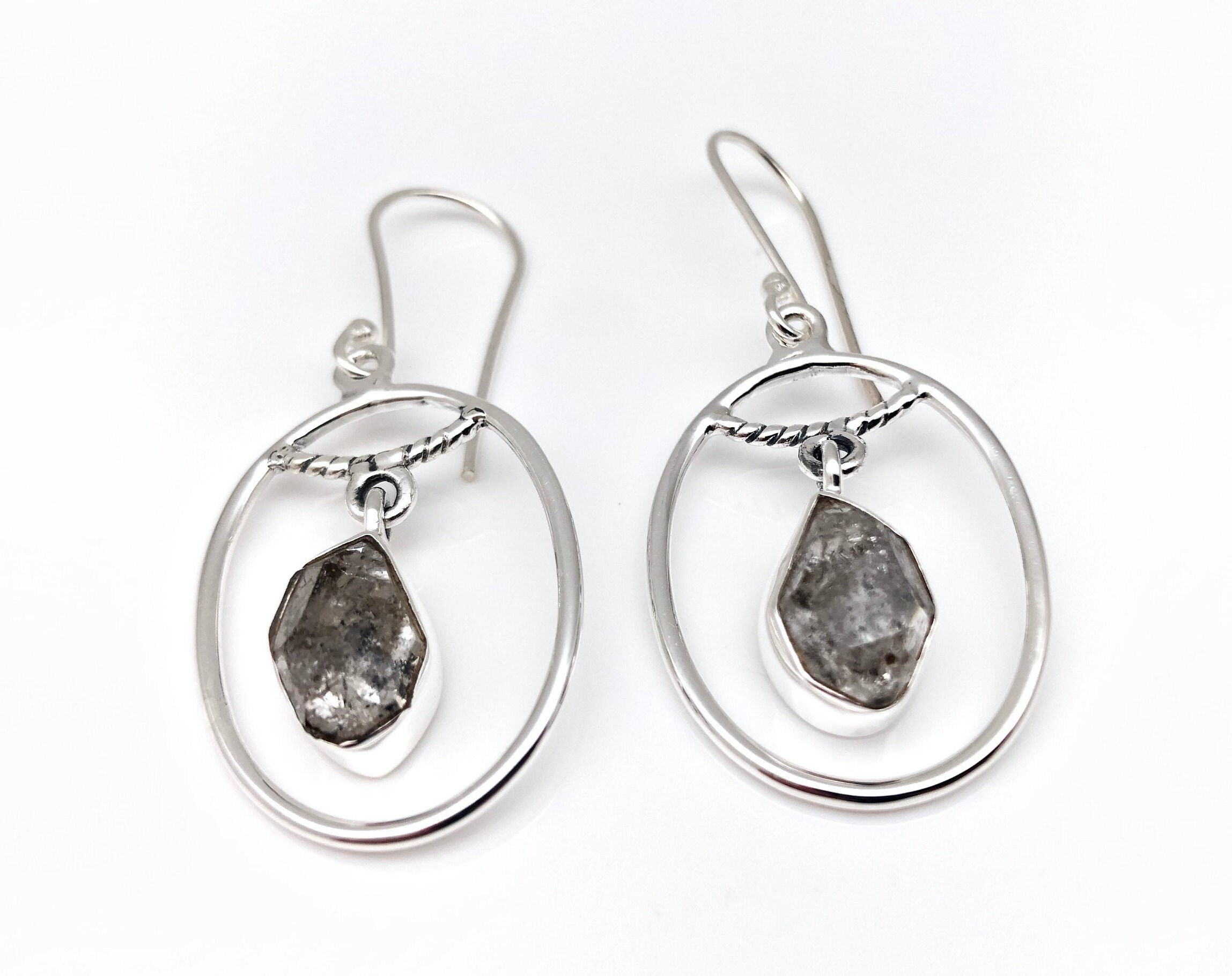 Herkimer Diamond Silver Earrings // Organic Oval Dangly Setting // 925 Sterling Silver Herkimer Diamond Silver Earrings // Organic Oval Dangly Setting // 925 Sterling Silver