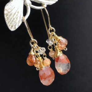 Strawberry Quartz Sunstone Earrings, Herkimer Diamond, Gold Filled Wrapped Dangle Drops 7786