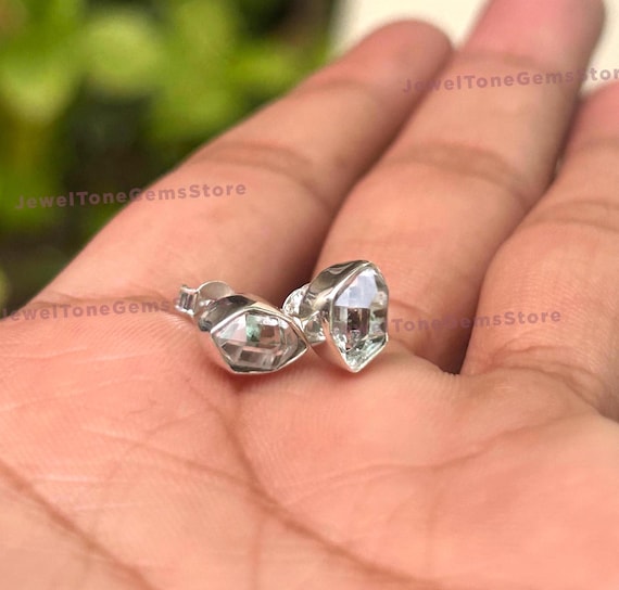 Herkimer Diamond Stud Earrings: 925 Sterling Silver, Raw Crystal Point