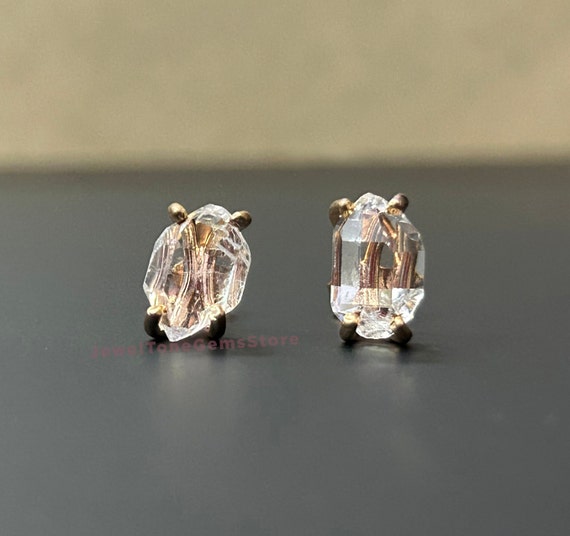 Herkimer Diamond Stud Earrings: Raw Quartz, 925 Sterling Silver