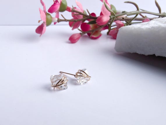 Herkimer Diamond Stud Earrings Sterling Silver 14k Gold Filled April Birthstone Jewellery Wire Wrapped Gift For Her Dainty Earring Studs