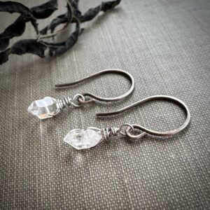Herkimer Diamond Earrings, Tiny Quartz Crystal Earrings On Dark Silver