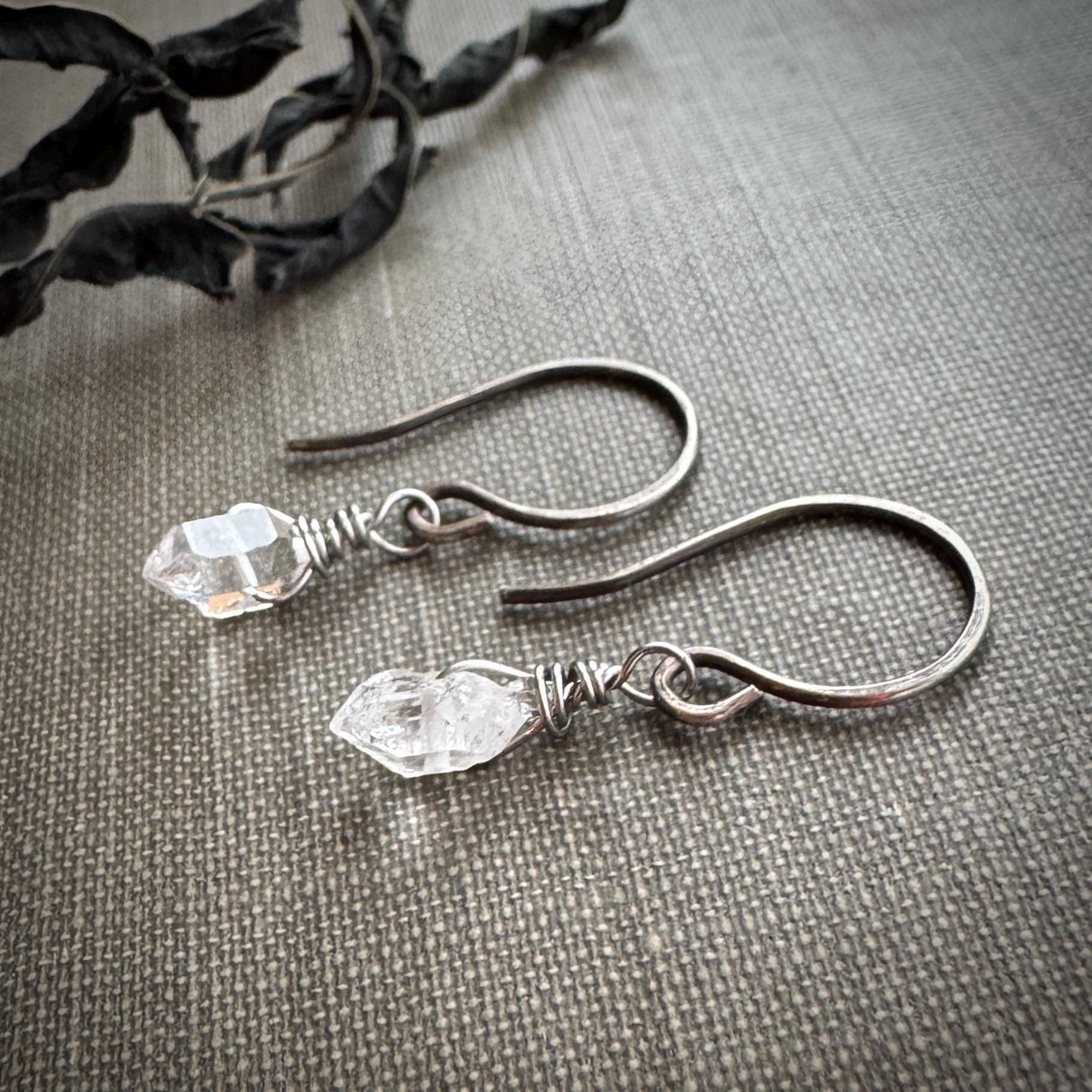 Herkimer Diamond Earrings, Tiny Quartz Crystal Earrings On Dark Silver Herkimer Diamond Earrings, Tiny Quartz Crystal Earrings On Dark Silver