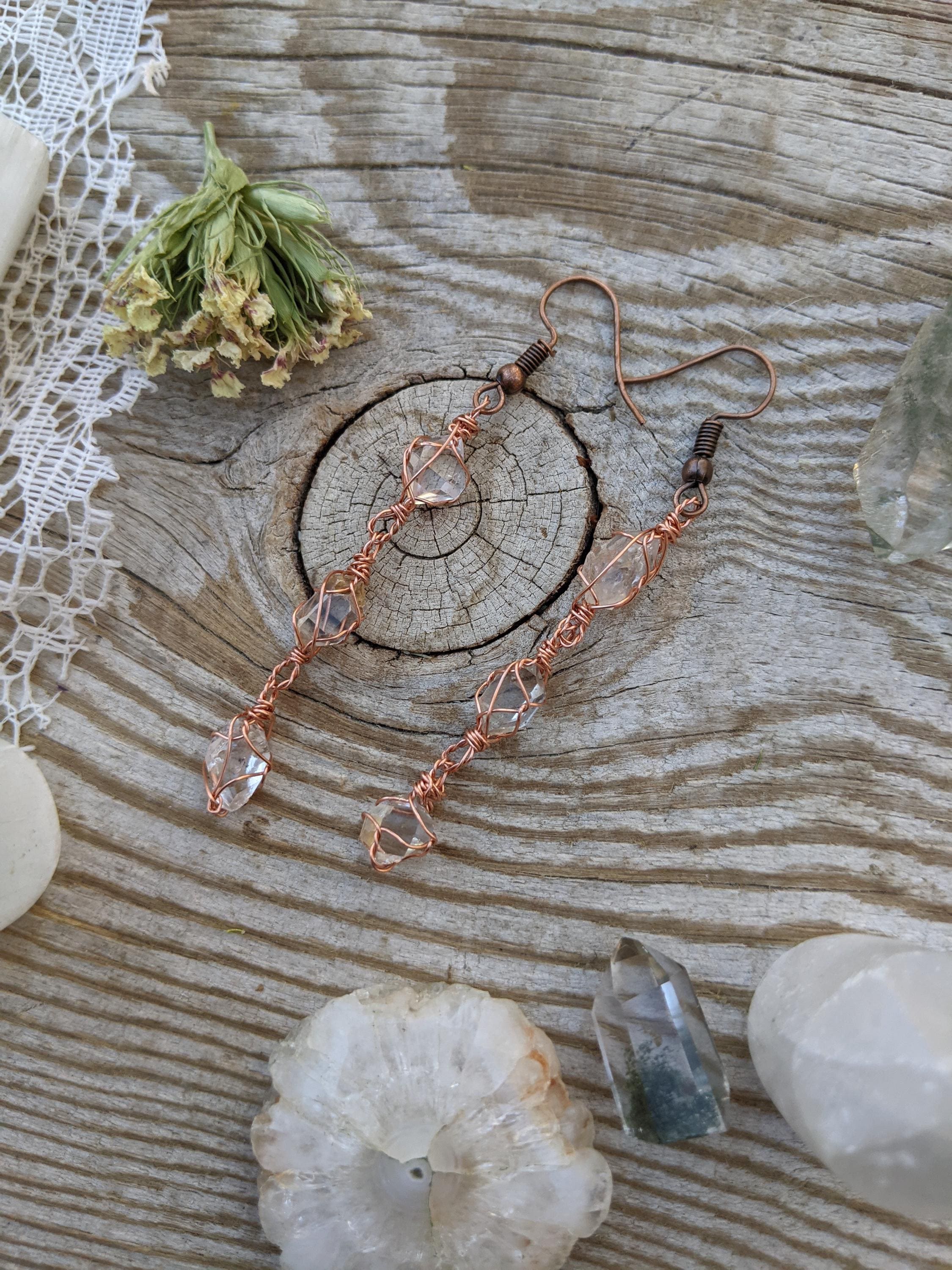 Triple Herkimer Diamond Earrings, Copper Herkimer Diamond Earrings, Herkimer Earring Set, Natural Raw Rough Tiny Herkimer Diamond Crystal Ea