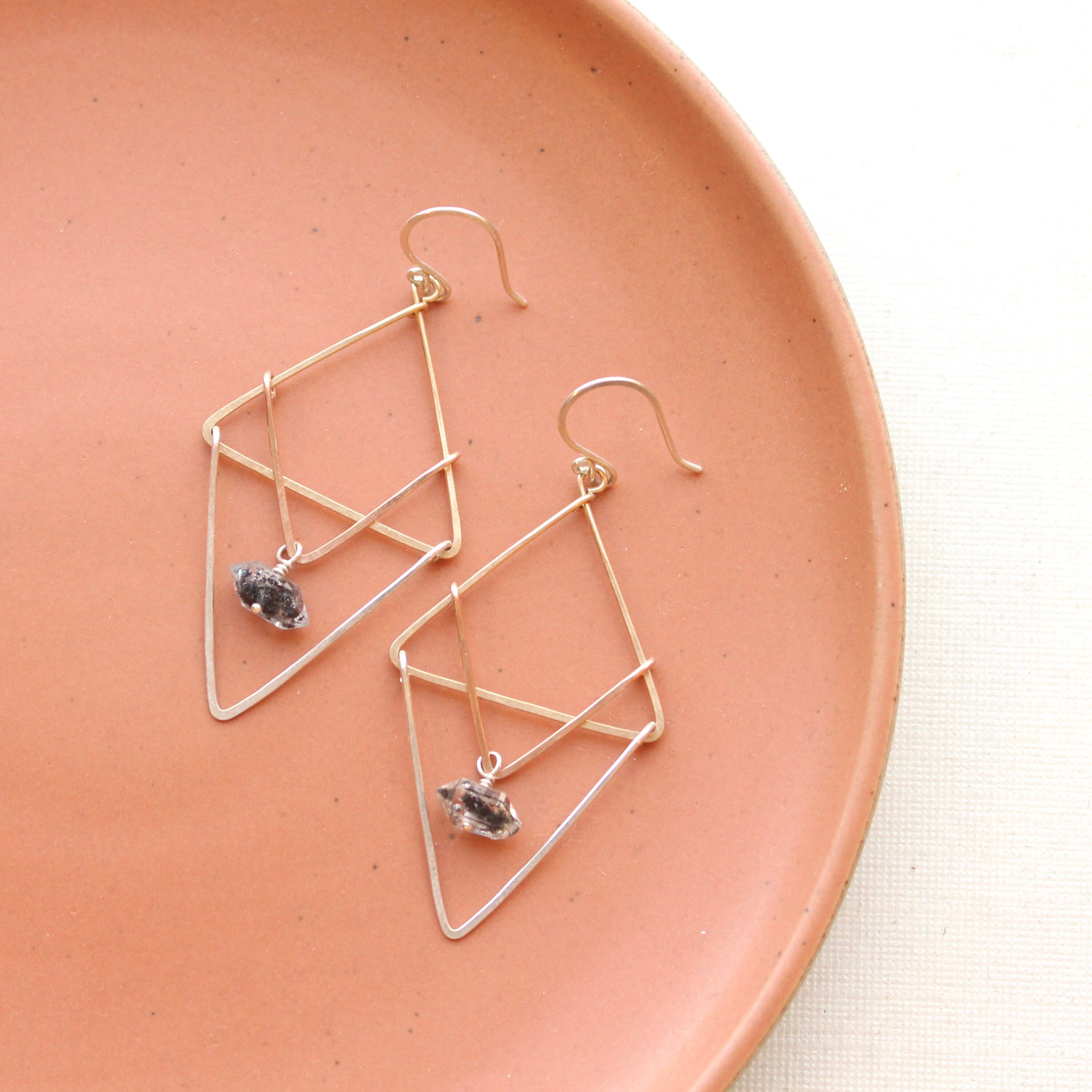 Triple Layered Triangle In Silver, Rose Gold, & Gold With Herkimer Diamond Earrings