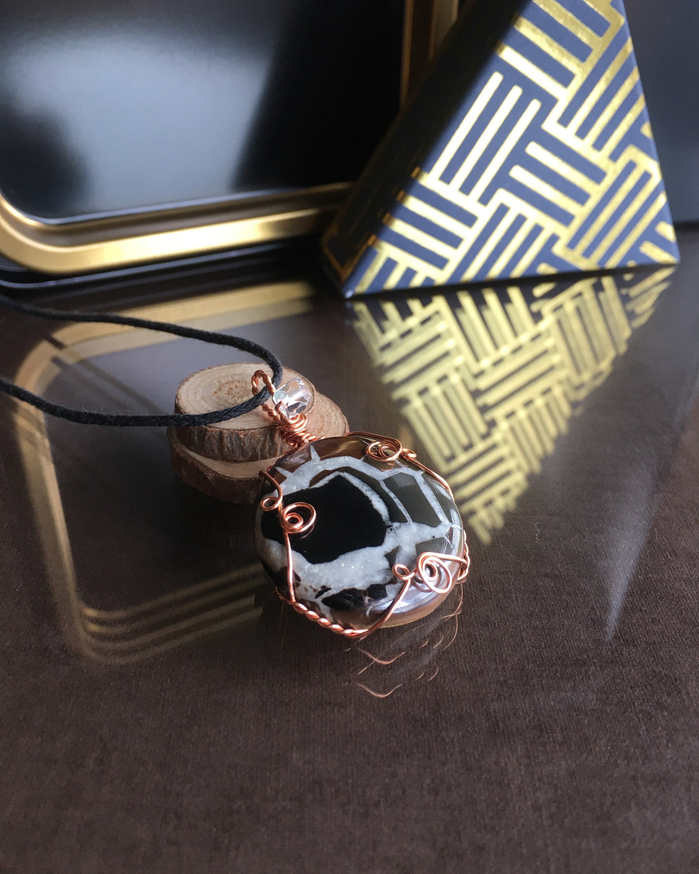 Black Septarian Gemstone Necklace With Herkimer Diamond Accent