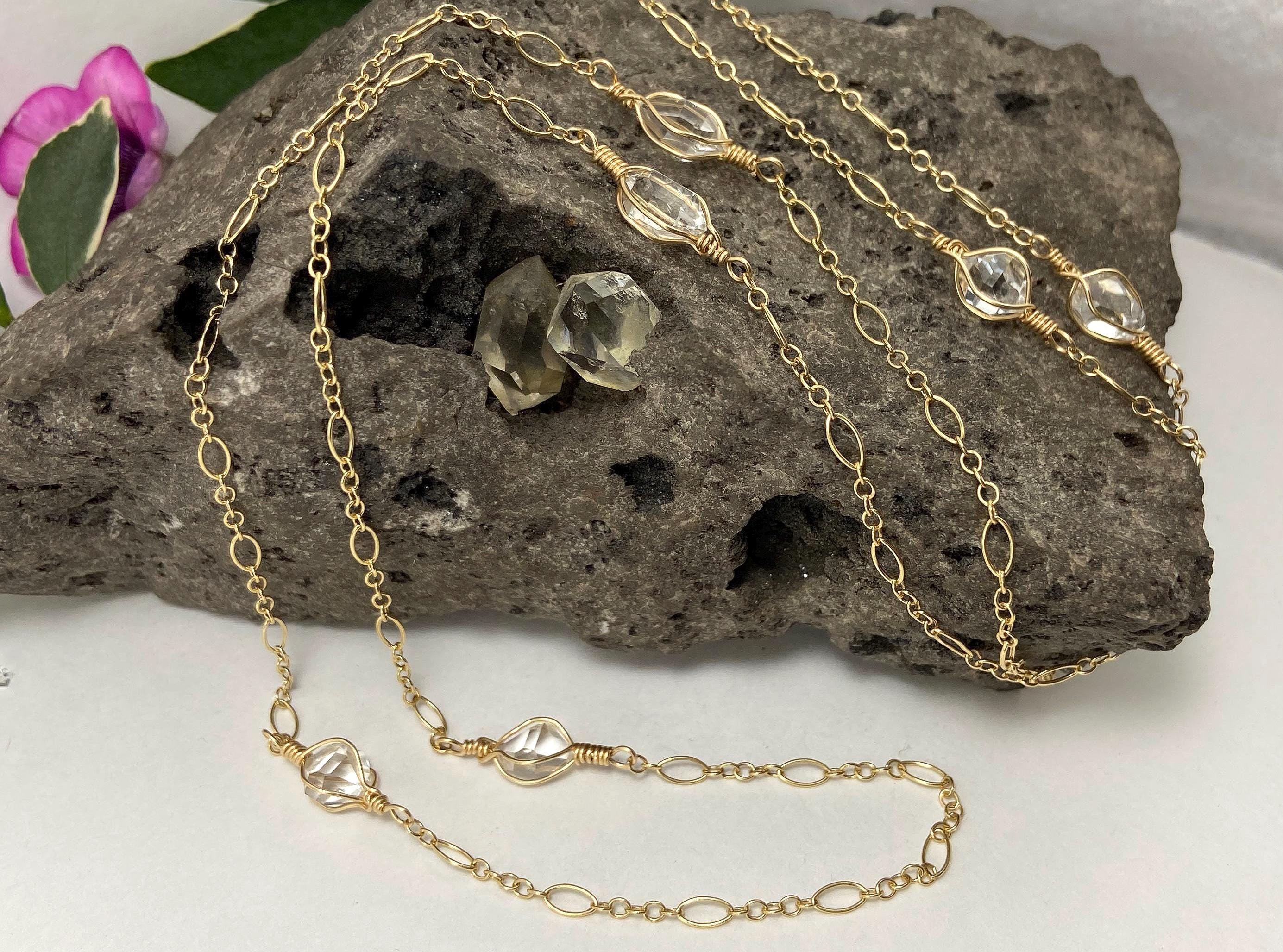 Extra Long Ny Herkimer Diamond Necklace: 14k Gold Fill, Adjustable Quartz Crystal Chain