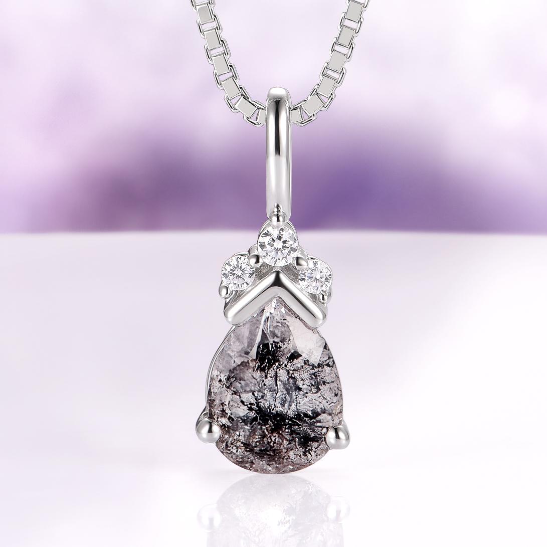 Galaxy Raw Salt & Pepper Diamond Necklace In 925 Sterling Silver Teardrop- Natural Herkimer Diamond Unique Jewelry Anniversary Gift For Her