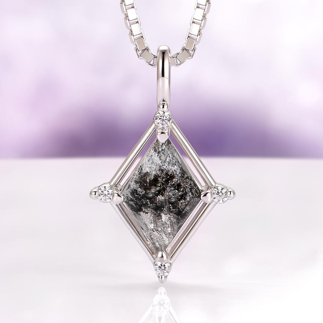 Galaxy Raw Salt & Pepper Diamond Necklace For Women- 925 Sterling Silver Kite Cut Herkimer Diamond Unique Jewelry Anniversary Gift For Her
