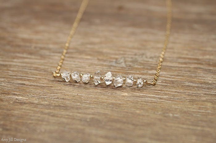 Herkimer Diamond Necklace, Gold Filled, Rose Gold Or Sterling Silver Beads, Beaded, Bar Necklace, Diamond Crystal Jewelry, April Birthstone