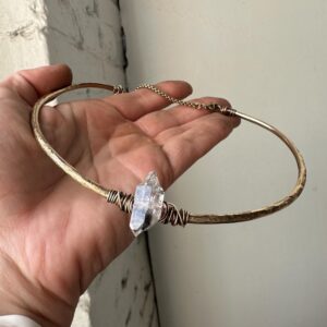 Handmade Brass Herkimer Diamond Collar Necklace, Wire Wrapped Boho Jewelry