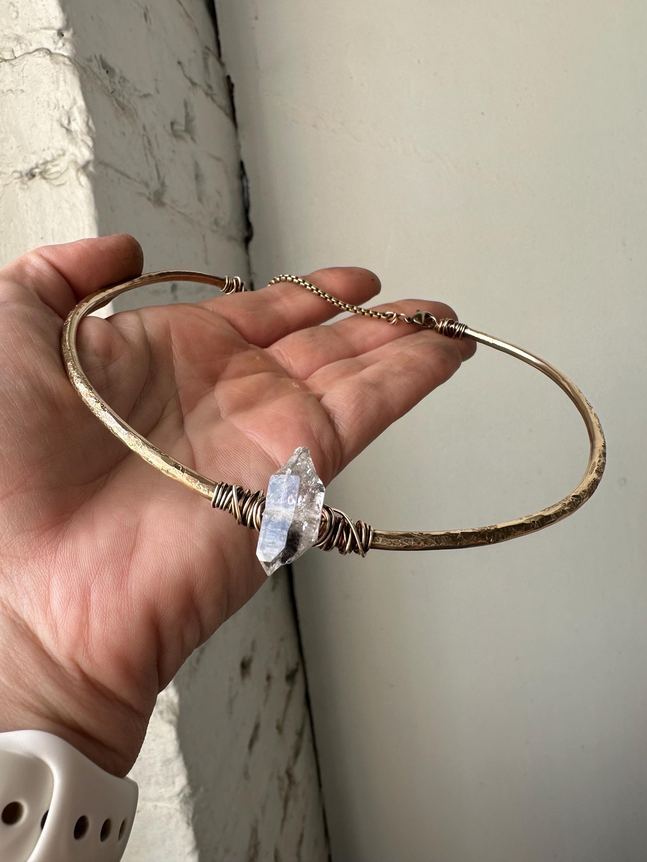 Handmade Brass Herkimer Diamond Collar Necklace, Wire Wrapped Boho Jewelry