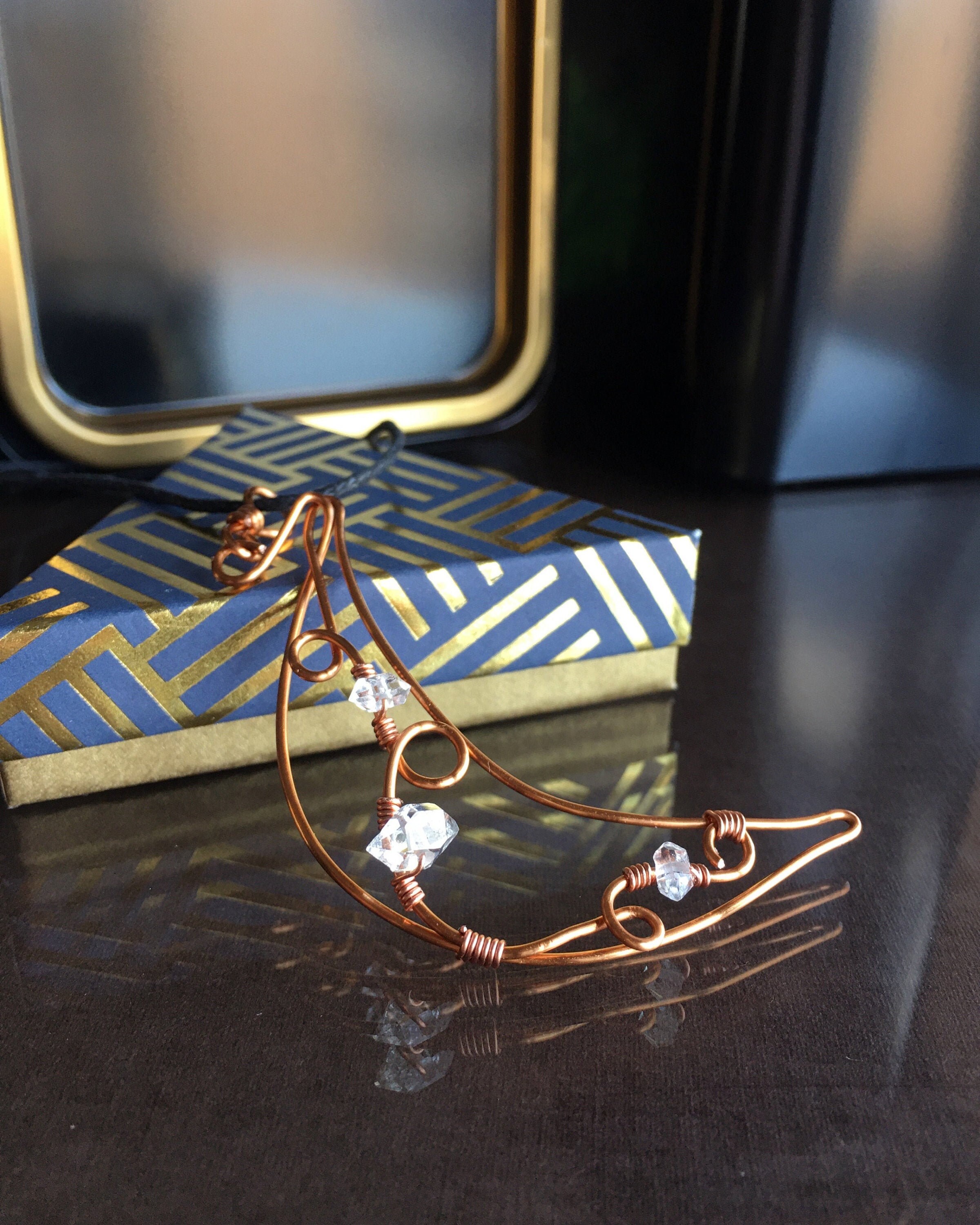 Herkimer Diamond Moon Necklace: Wire Wrapped Crystal Jewelry