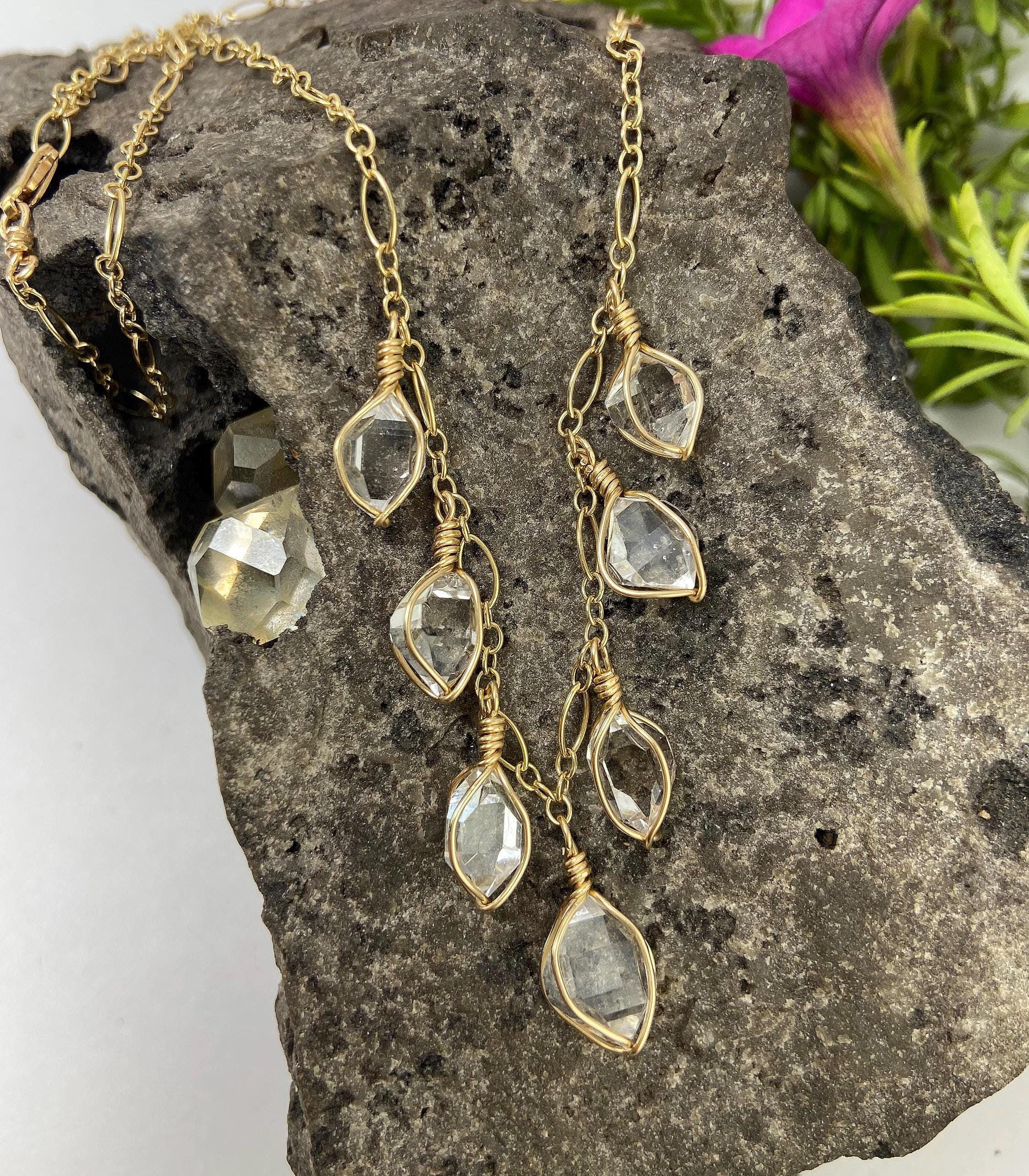 Ny Herkimer Diamond Crystal "raindrops" Chain Necklace 14k Gold-fill : Rare Aa Natural Raw Double Terminated Quartz Healing Jewelry