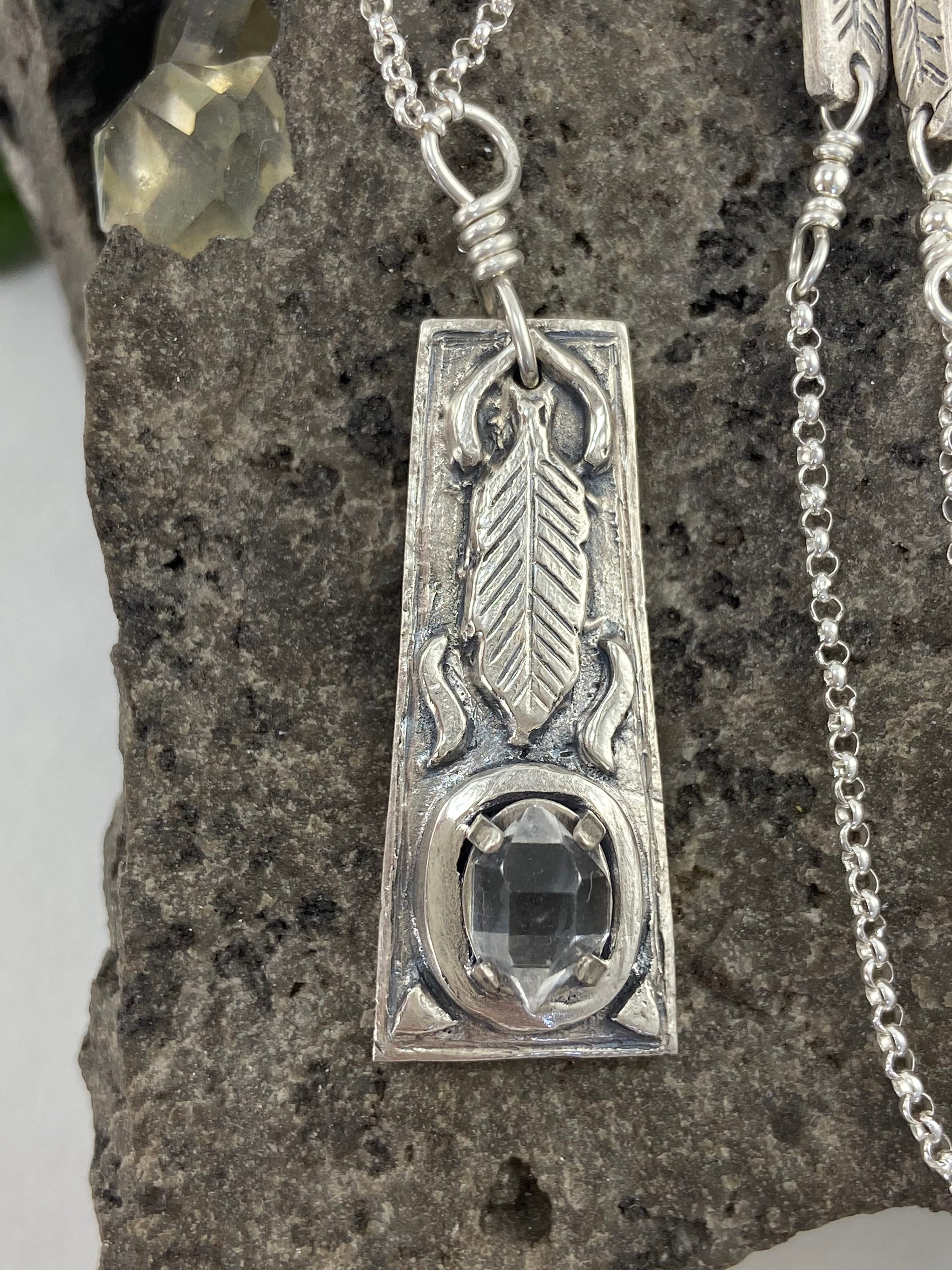 Ny Herkimer Diamond Crystal Leaf Necklace: Handcrafted Sterling Silver Boho Jewelry
