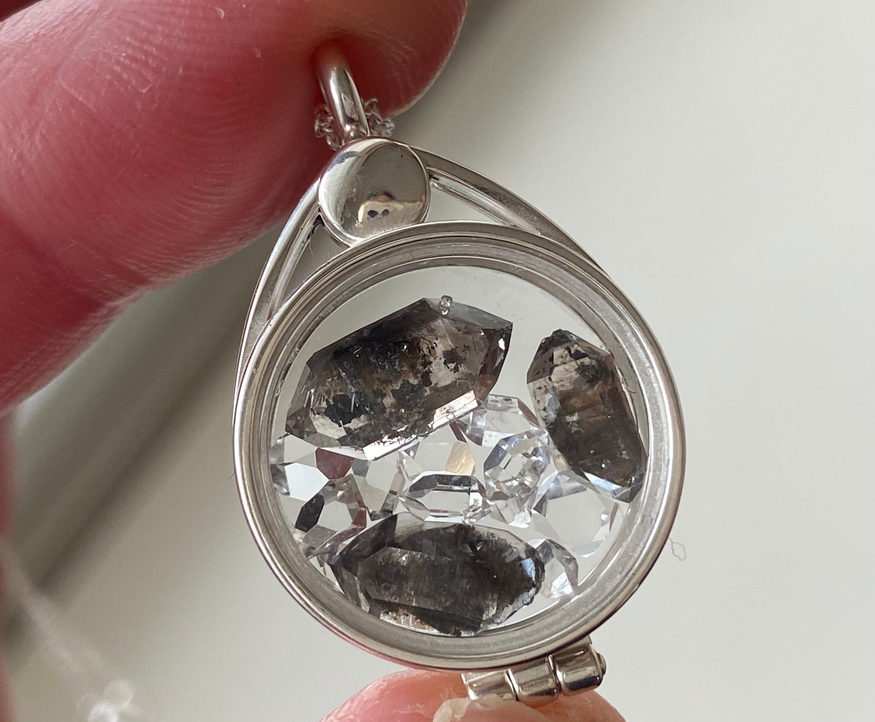 Ny Herkimer Diamond Crystal Locket Necklace: Smokey Phantom Quartz, Sterling Silver