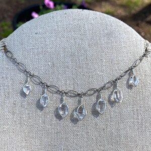 Ny Herkimer Diamond Quartz Crystal Raindrop Necklace: Sterling Silver 20” Fringe Choker With Oxidized Chain