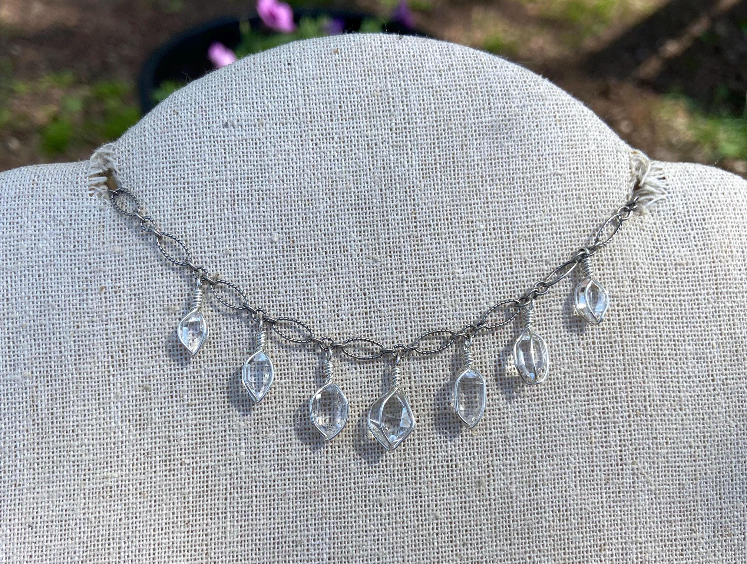 Ny Herkimer Diamond Quartz Crystal Necklace: Sterling Silver Fringe Choker (20")