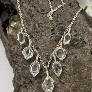 Ny Herkimer Diamond Quartz Crystal Raindrop Necklace: Sterling Silver 15” To 17.5” Fringe Choker