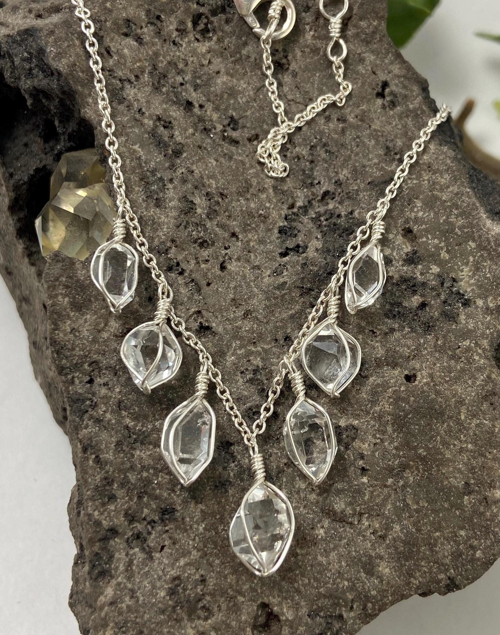 Ny Herkimer Diamond Quartz Crystal Raindrop Necklace: Sterling Silver 15” To 17.5” Fringe Choker