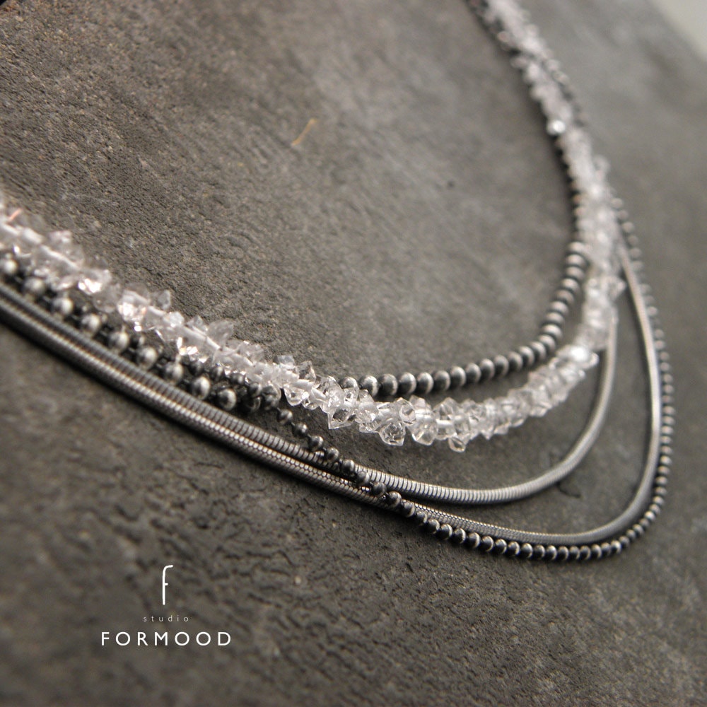 Herkimer Diamond Quartz Necklace: Oxidized Sterling Silver Layered Design
