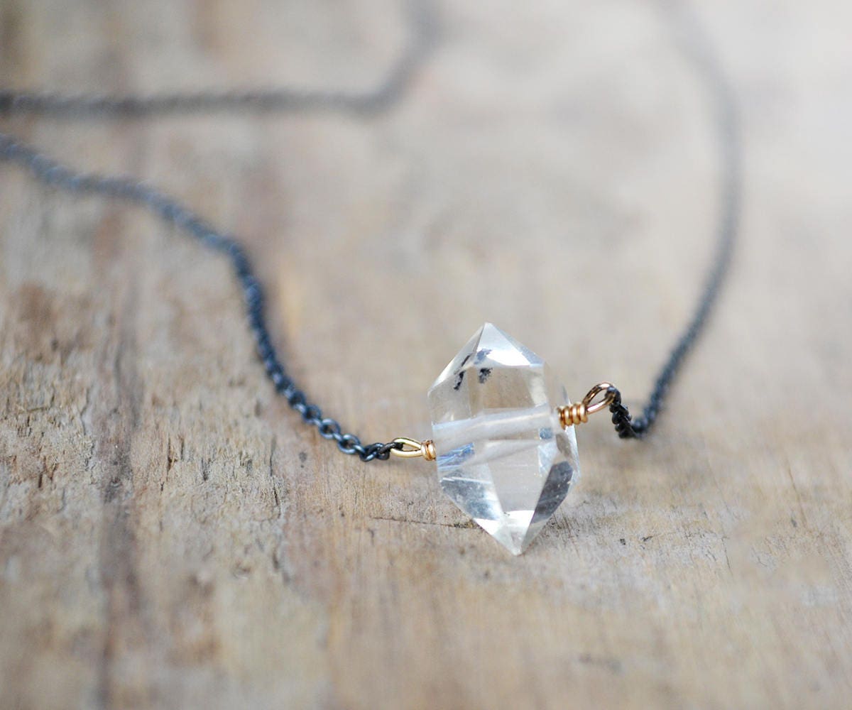 Herkimer Diamond Necklace: Raw Quartz Crystal, Oxidized Silver