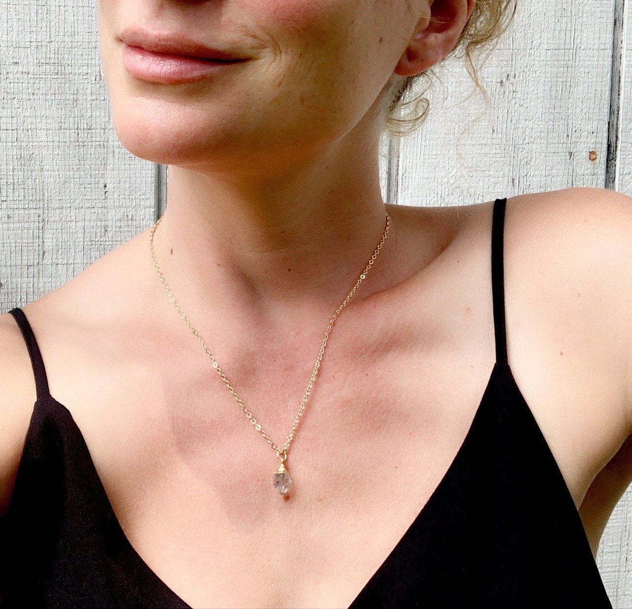 Raw Herkimer Diamond Solitaire Gold Necklace | Raw Stone Gold Necklace | Salt And Pepper Quartz Necklace | Gifts For Her