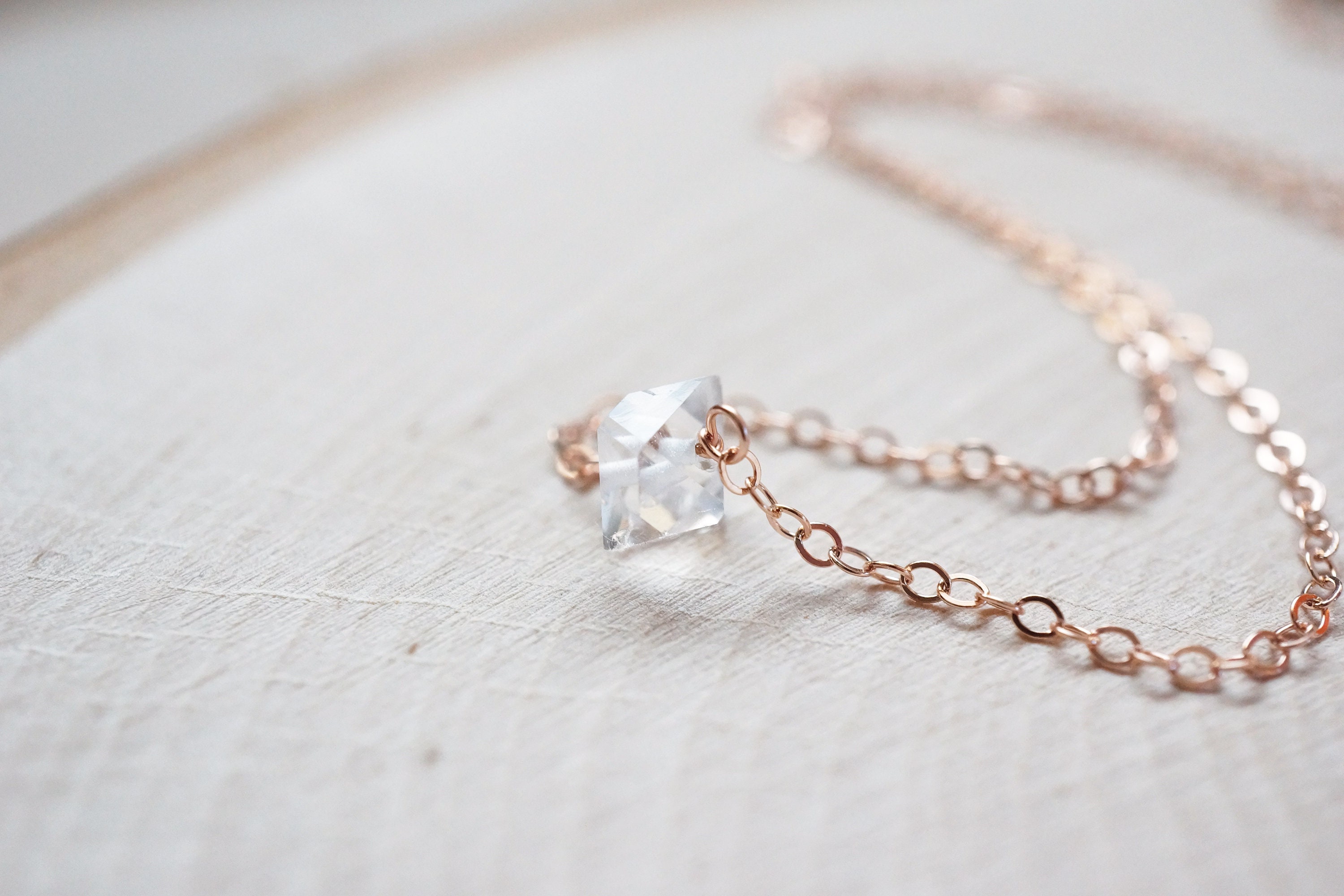 Herkimer Diamond Rose Gold Necklace: Minimalist Quartz Point Jewelry