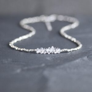 Herkimer Diamond Sterling & Fine Silver Necklace, Crystal Quartz Choker With Dainty Karen Hill Tribe Silver Faceted Beads, April Birthstone