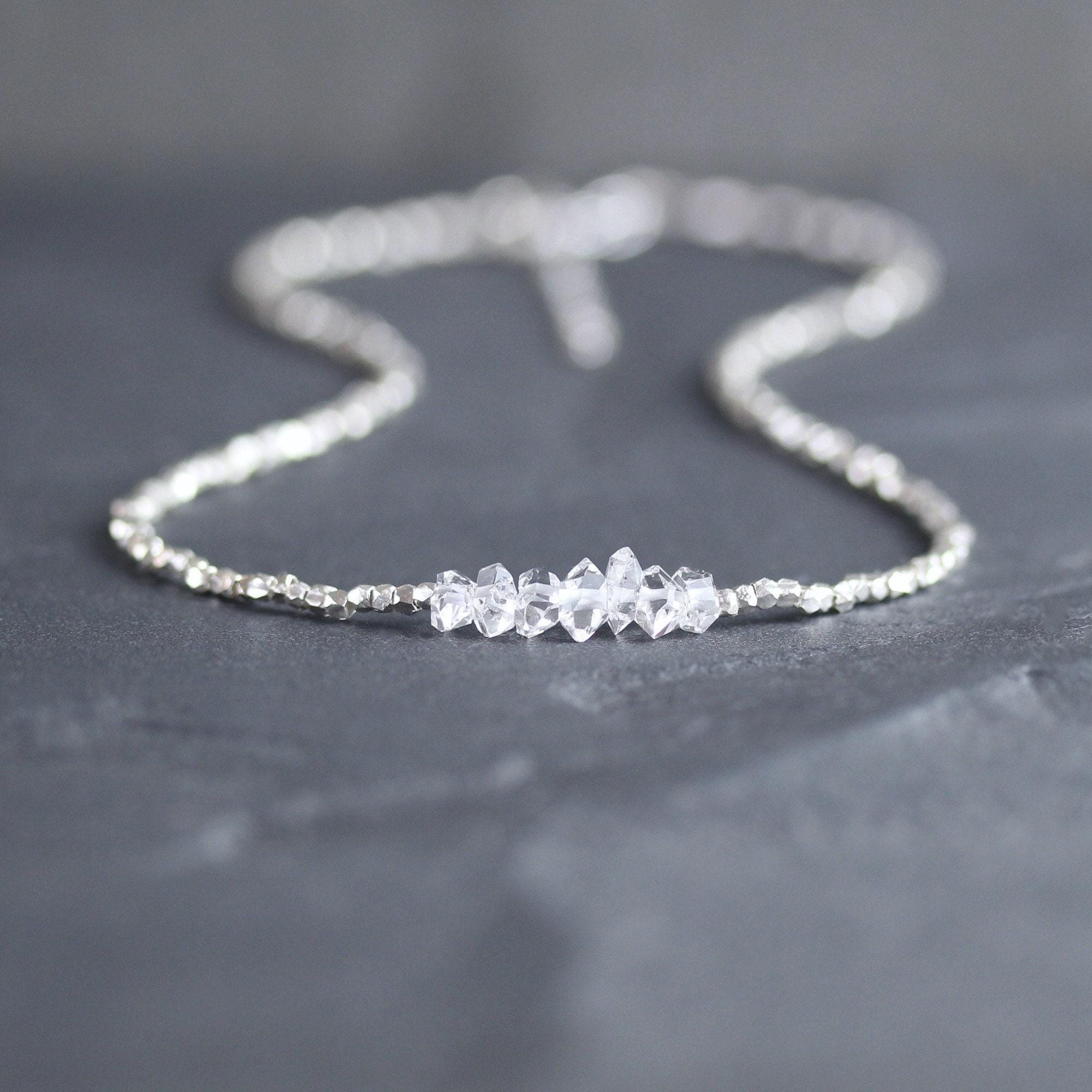 Herkimer Diamond Sterling & Fine Silver Necklace, Crystal Quartz Choker With Dainty Karen Hill Tribe Silver Faceted Beads, April Birthstone