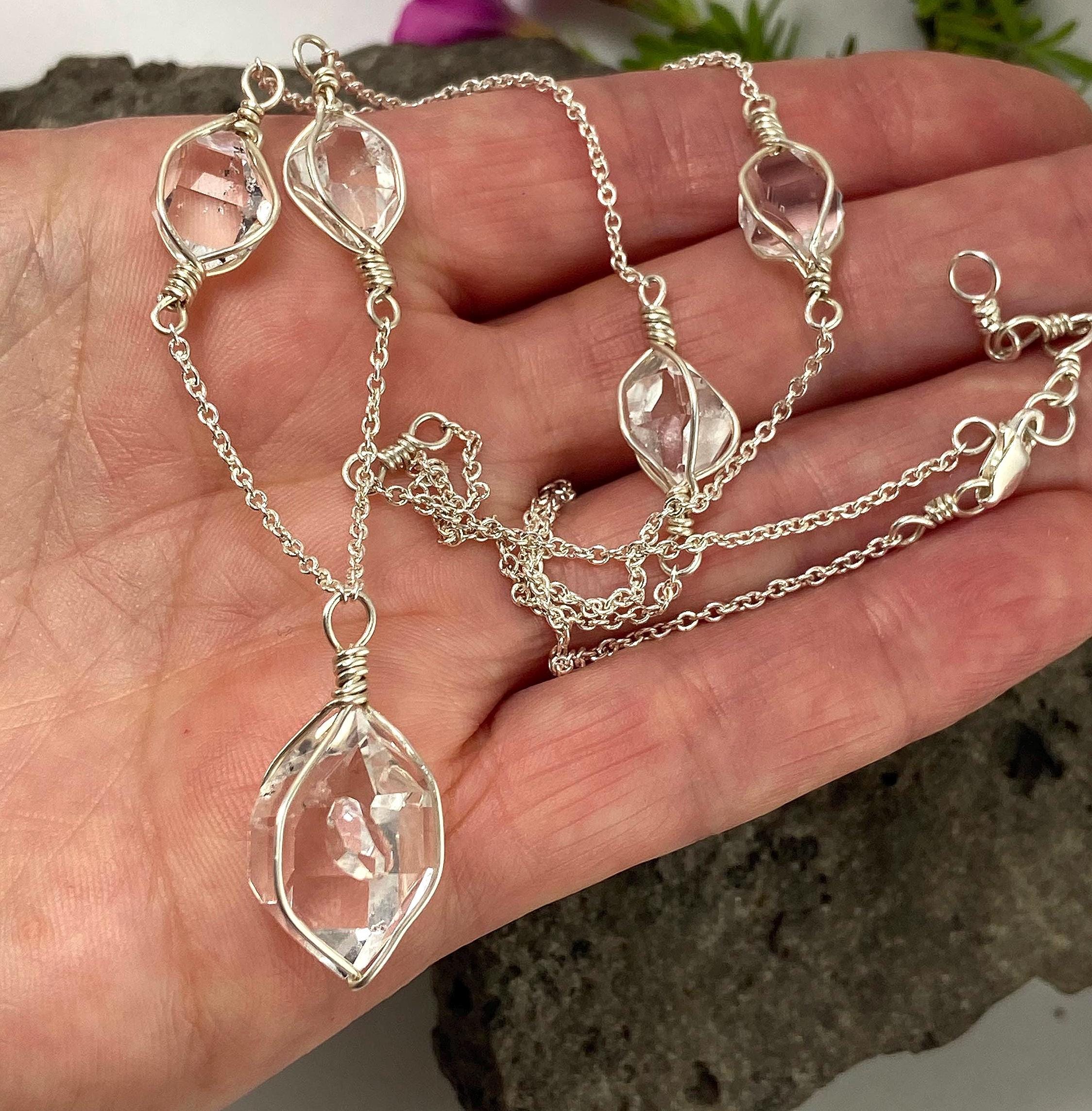 Stunning Ny Herkimer Diamond Link Necklace Sterling Silver Natural Genuine Quartz Crystal Jewelry Adjustable 18.25” To 22” Necklace