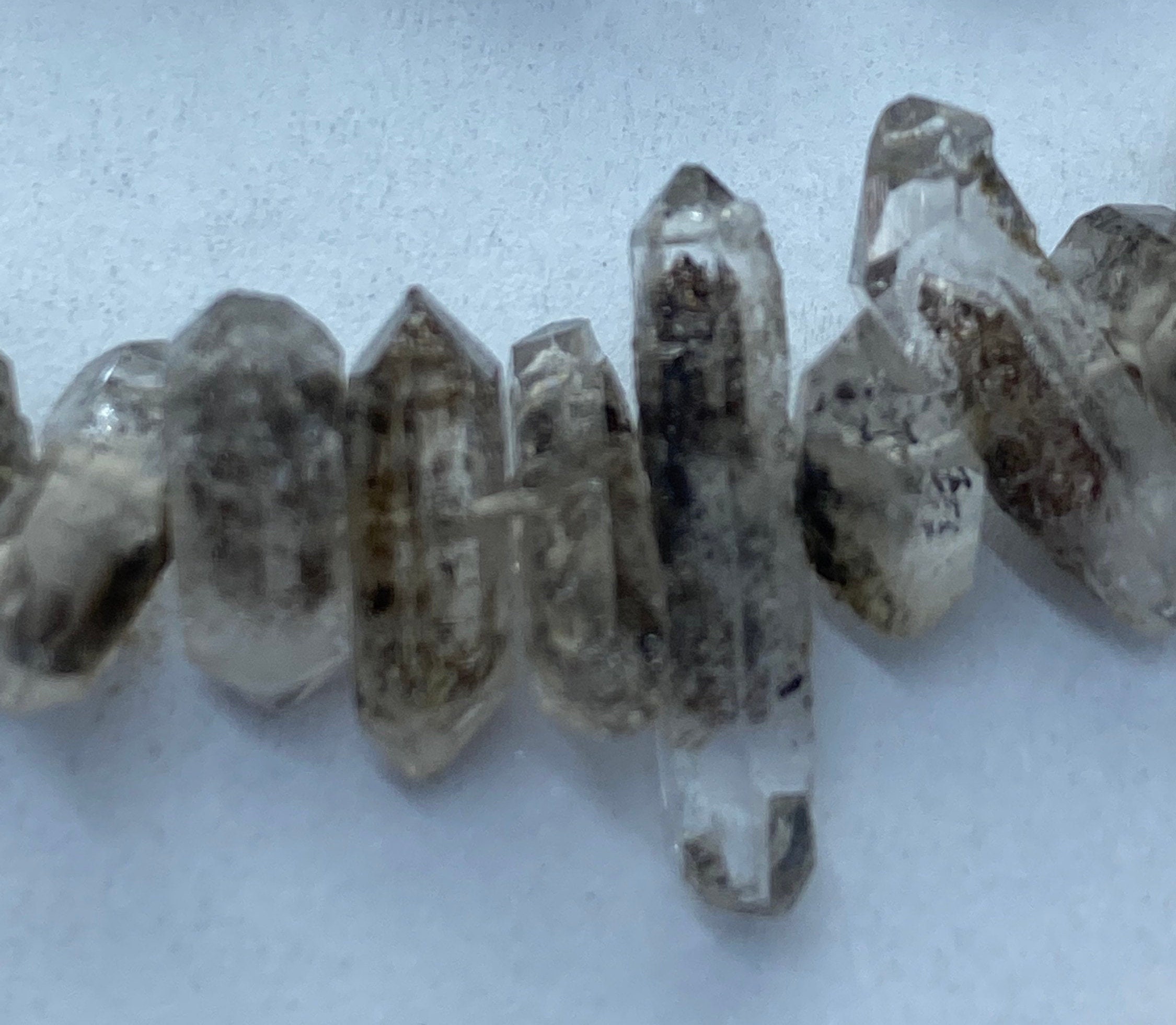 9-13mm Herkimer Diamond Gemstone Beads. 7.5” Strands Of Delicate Double Terminated Wuartz Beads With Fossilized Plant Material Inside.