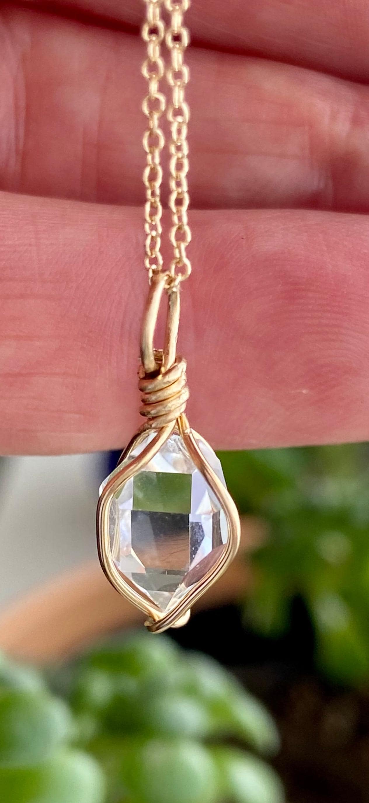 Herkimer Diamond Pendant: 14k Gold Wire Wrapped Quartz Crystal Necklace