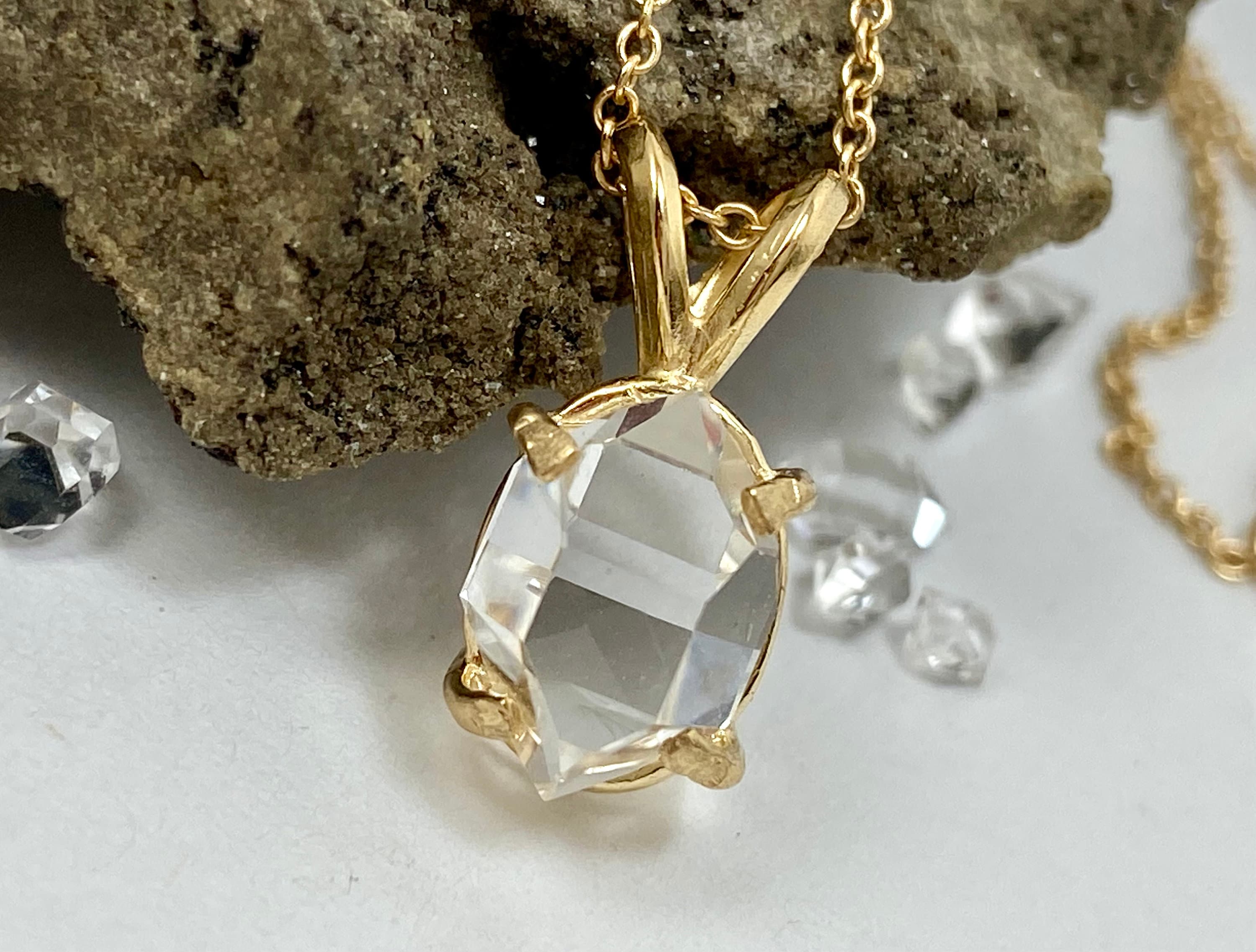 14k Gold Ny Herkimer Diamond Pendant - Natural Quartz Crystal Necklace 14k Gold Ny Herkimer Diamond Pendant - Natural Quartz Crystal Necklace