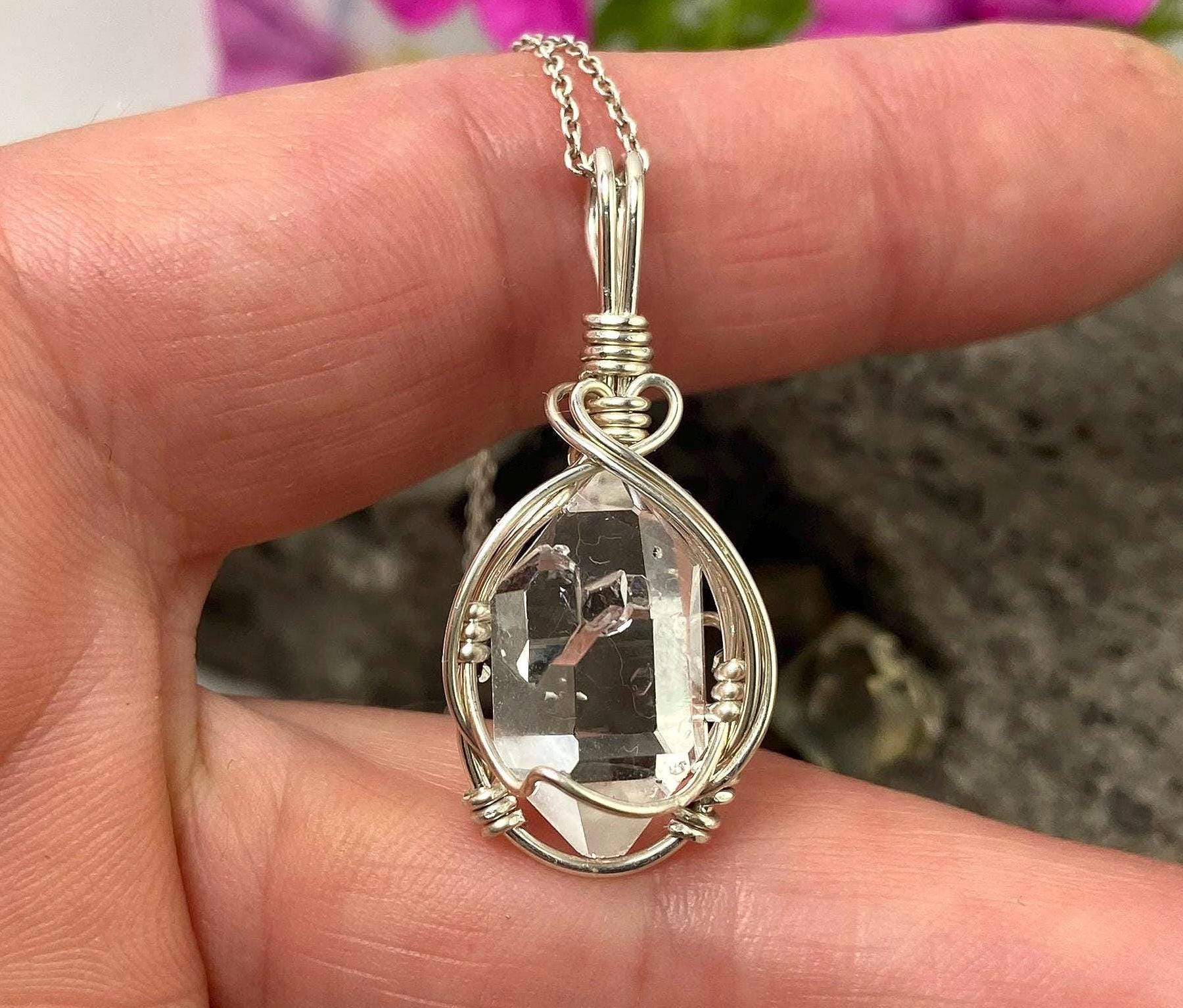 Herkimer Diamond Crystal Pendant Necklace Natural Double Terminated Tabby Genuine Ny Quartz Crystal Sterling Silver Jewelry