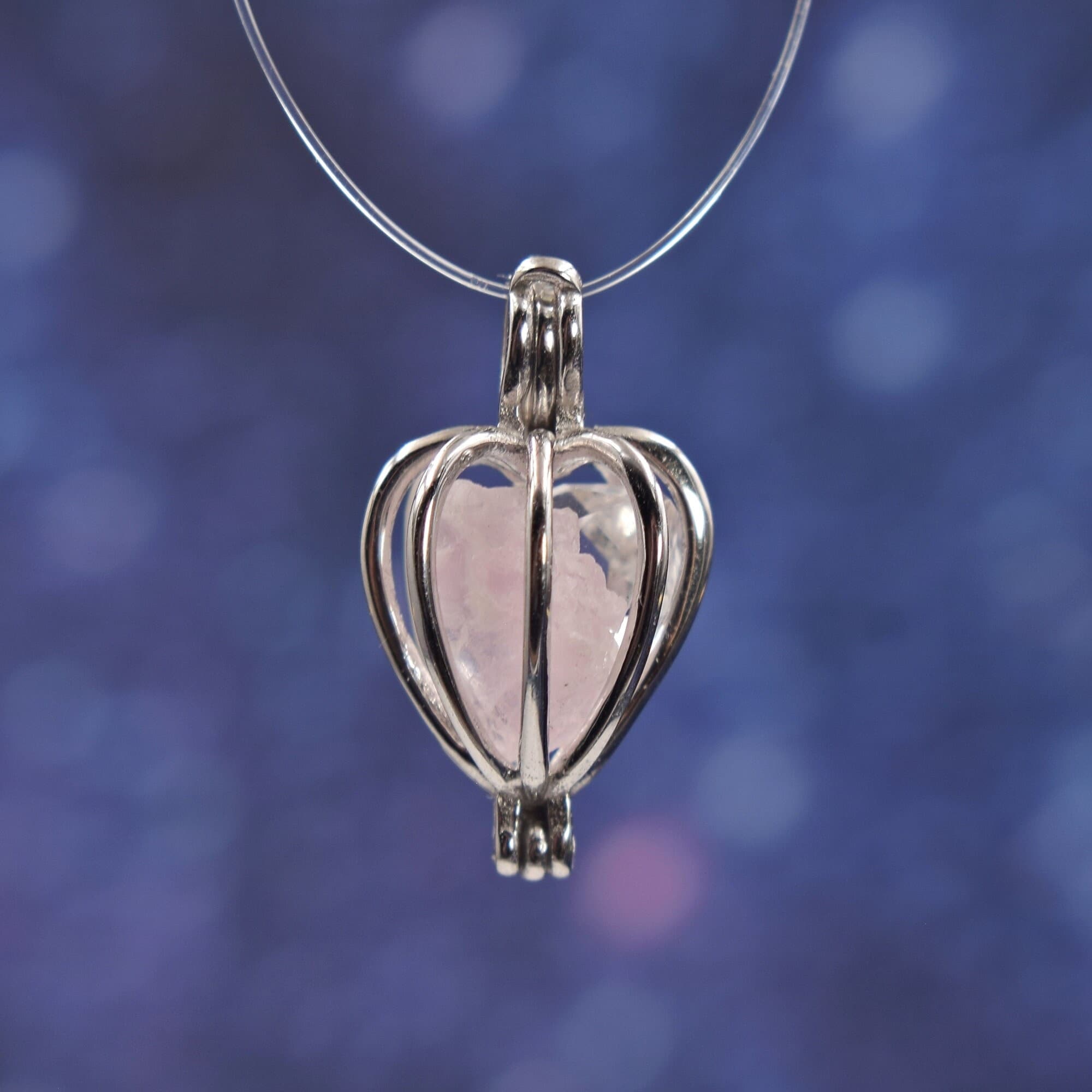 Etched Pink Quartz And Herkimer Diamond Quartz Sterling Silver Heart Enclosure Gaian Crystals Pendant