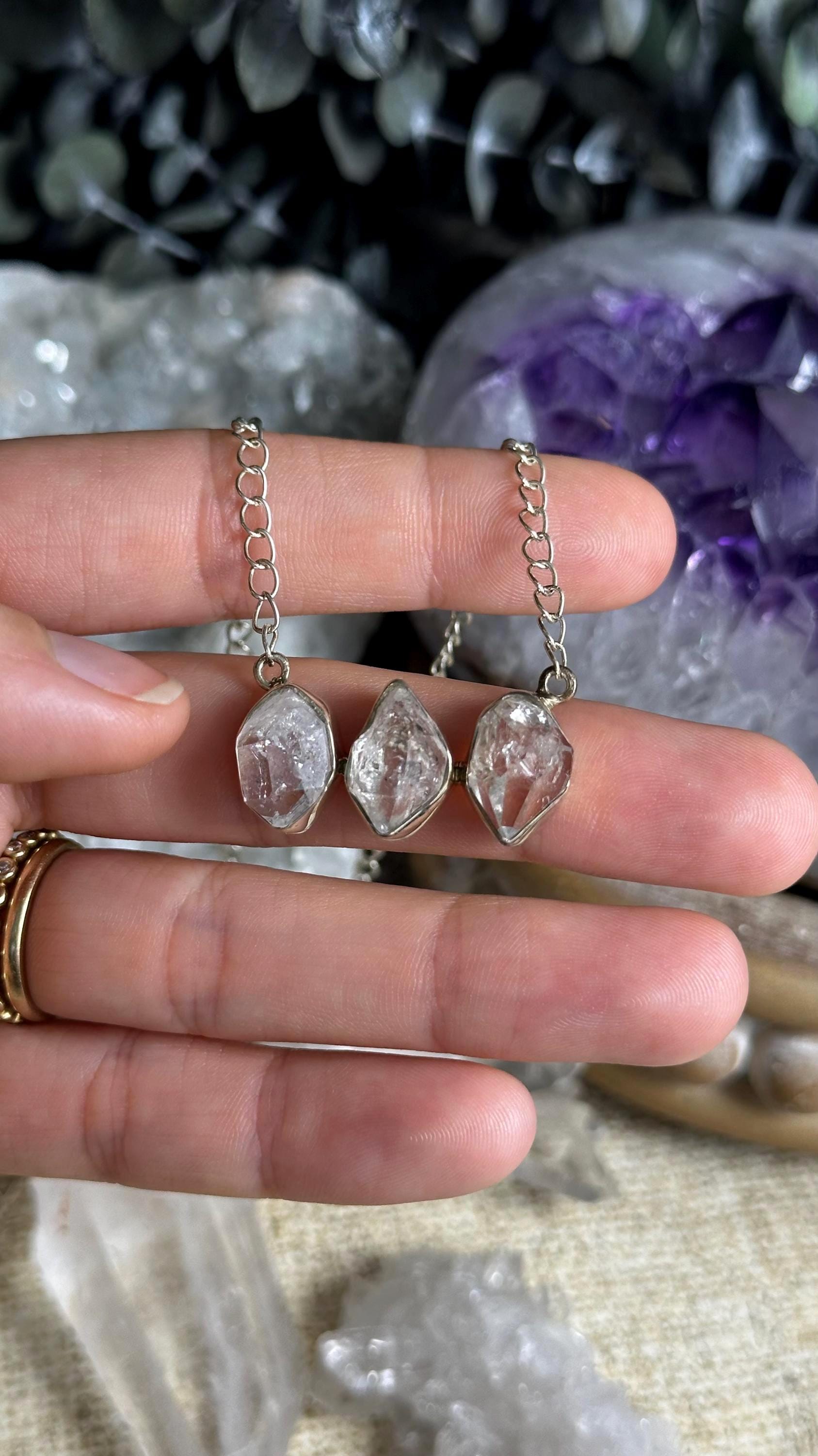 Multi Stone Herkimer Diamond Sterling Silver Pendant Necklace: 3 Stone Necklace