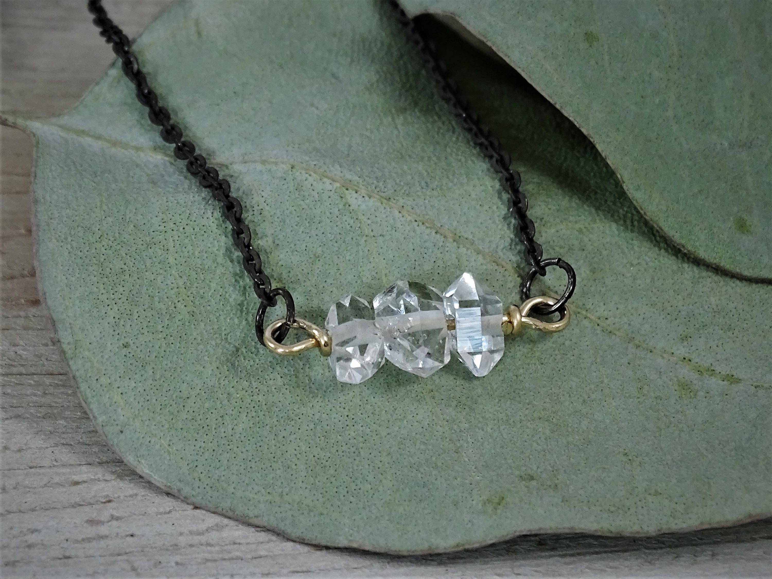 Herkimer Diamond Necklace | Clear Herkimer Crystal Bar Pendant | 14k Gold Layering Choker  | April Birthstone | Oxidized Sterling Silver