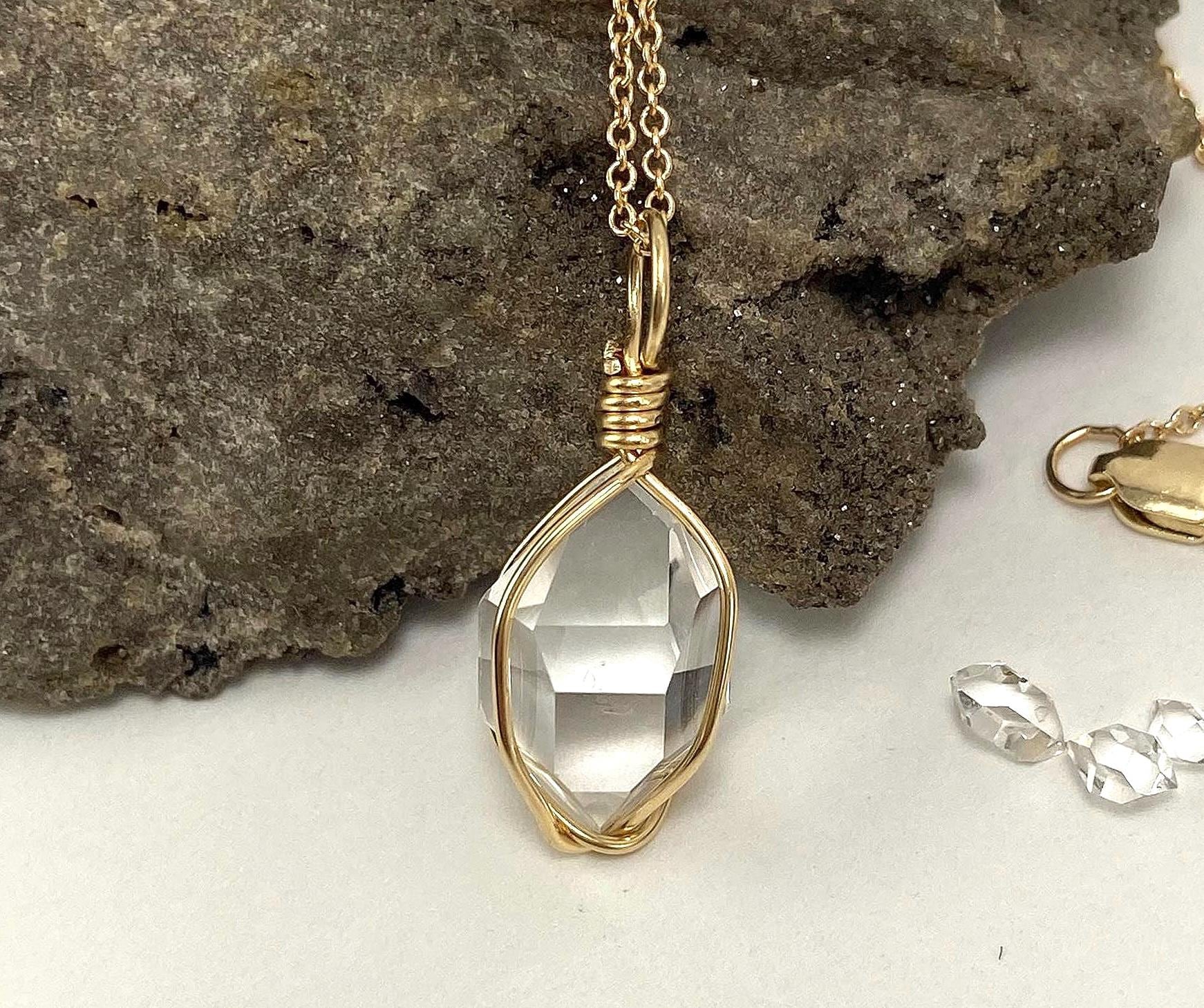 Ny Herkimer Diamond 14k Gold Genuine Aaa++ Grade Double Terminated Quartz Crystal Wire Wrapped Pendant Necklace Rare Water Clear