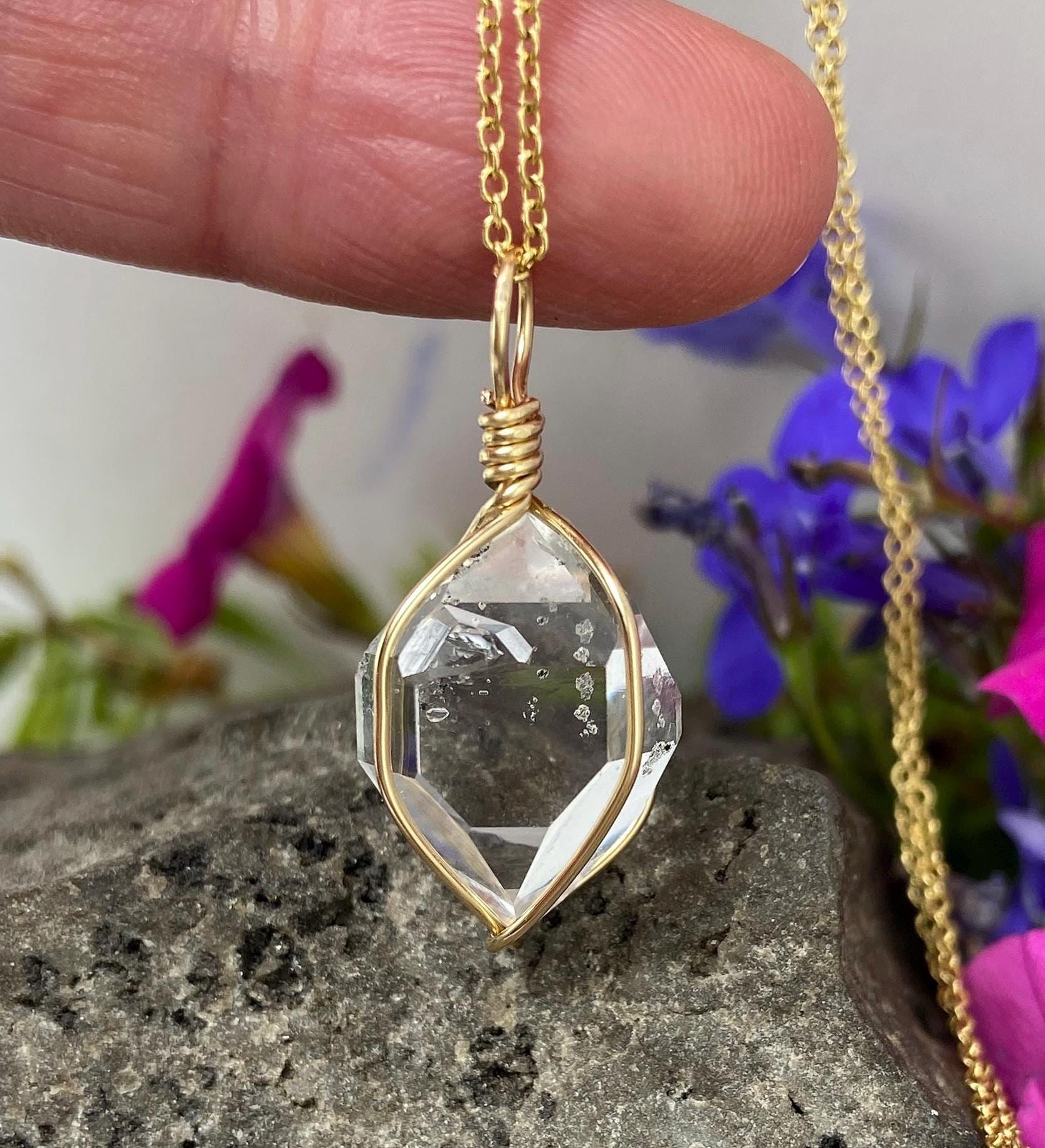 Ny Herkimer Diamond Pendant With A+ Water Clear Double Terminated Quartz Crystal With Keyhole In 14k Gold Fill Wire Wrap Hancrafted Necklace