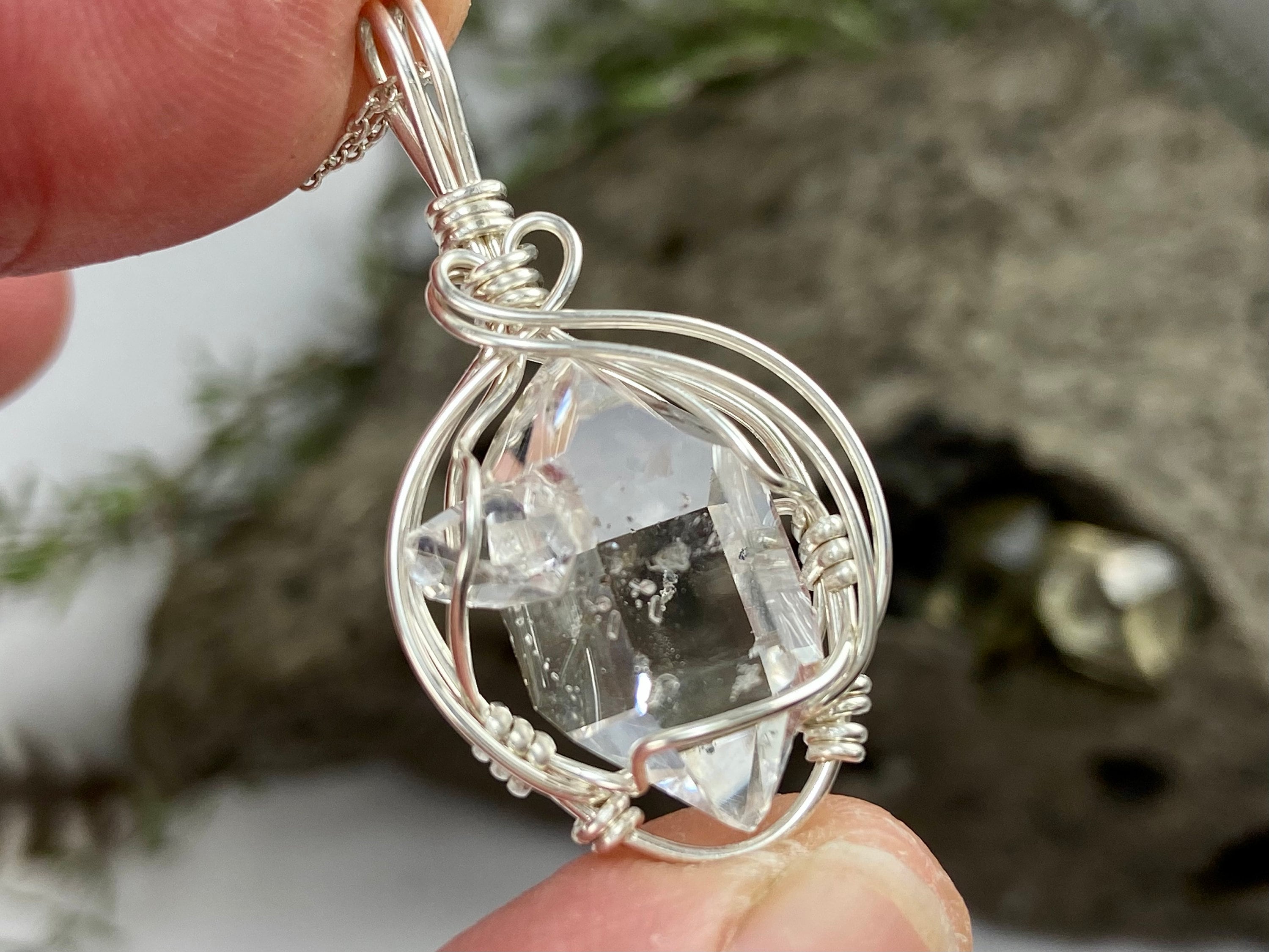 Ny Herkimer Diamond Cluster Pendant Baby Rider: Sterling Silver Wire Wrap Necklace