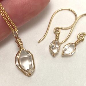 Ny Herkimer Diamond Crystal Jewelry Set: 14k Gold Fill Pendant & Earrings Ny Herkimer Diamond Crystal Jewelry Set: 14k Gold Fill Pendant & Earrings