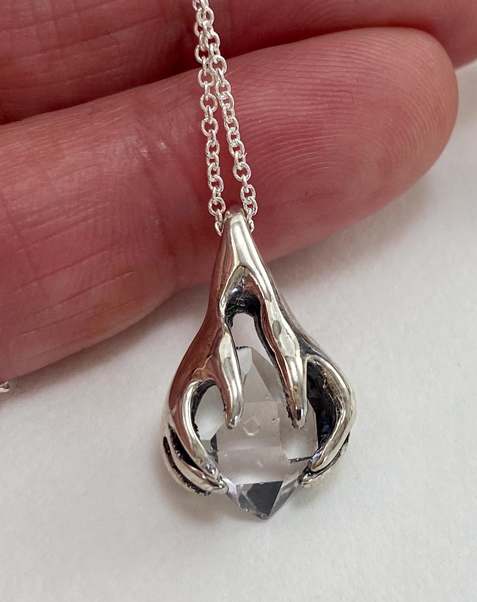 Ny Herkimer Diamond Quartz Crystal Sterling Silver Hands Holding Crystal Pendant A++ Grade Clear Natural Double Terminated Crystal Healing