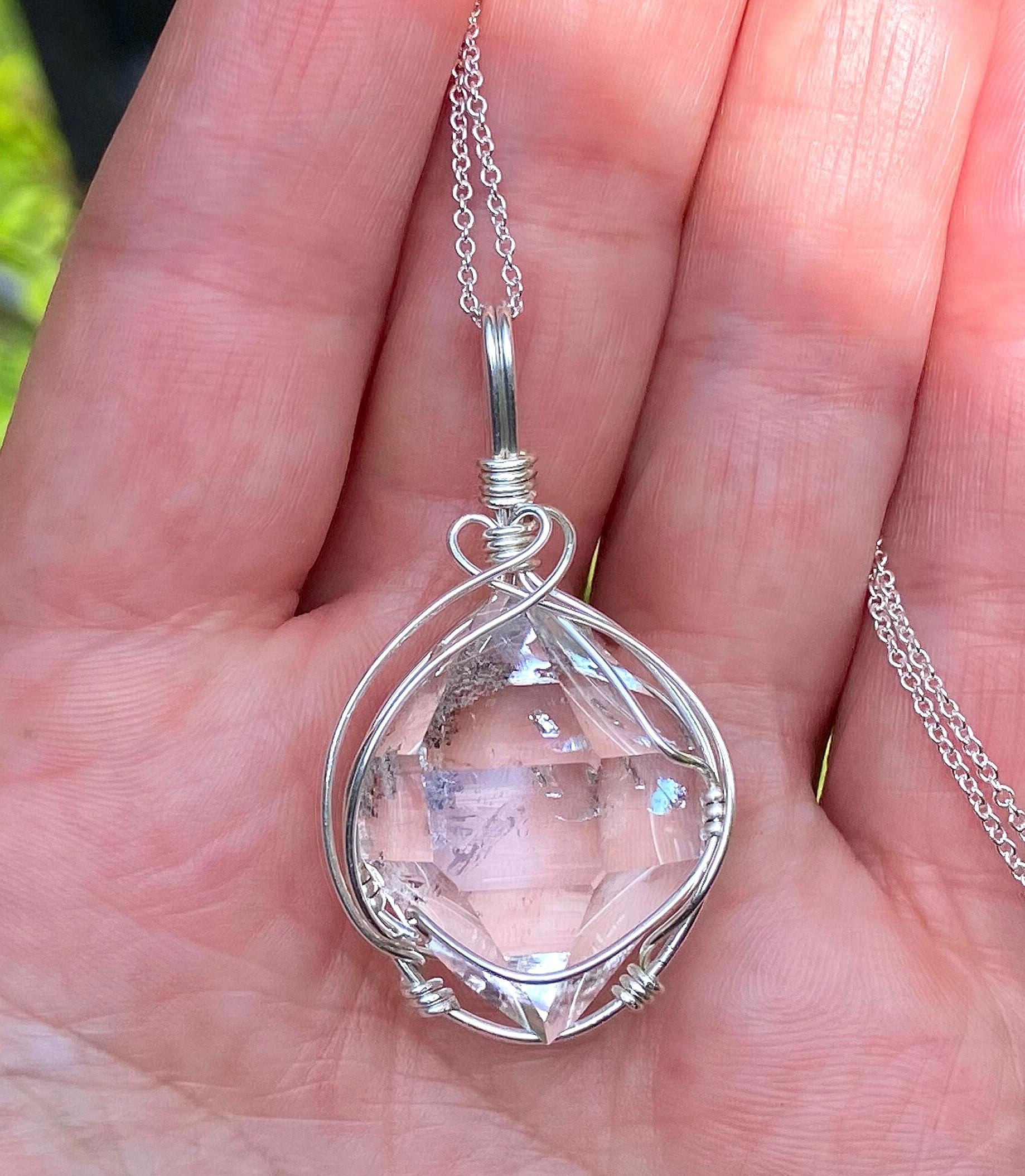 Ny Herkimer Diamond Pendant: Sterling Silver Wire Wrap Necklace, Natural Quartz Crystal