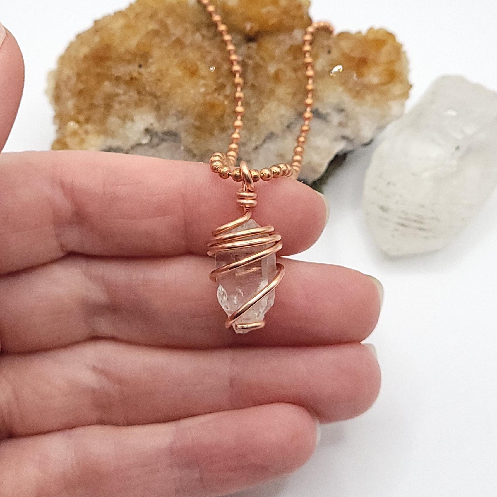 Herkimer Diamond Quartz Necklace, Copper Wire Wrapped Herkimer Pendant