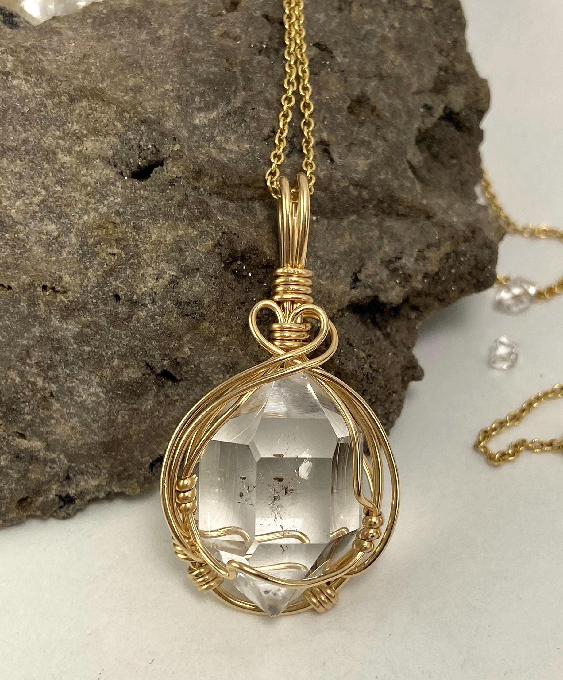 Rare Ny Herkimer Diamond Double Terminated Quartz Crystal 14k Gold Fill Wire Wrap Pendant A+++ Natural Uncut Stone Tabby Tip And Extra Face