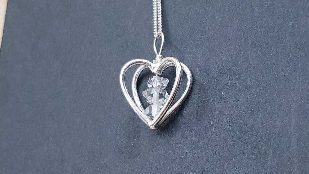 Raw Herkimer Diamond Heart Pendant. Small Minimalist Sterling Silver 3d Heart Necklace. April Birthstone Necklace. Reiki Jewelry Uk